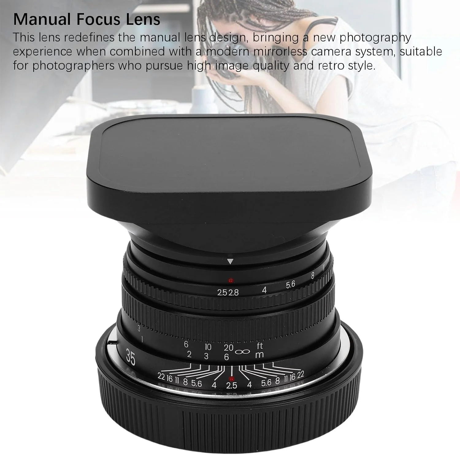 لنز 35mm F2.5 گونیک، فاصله کانونی 35 میلی‌متر، زاویه دید عریض 64 درجه، دیافراگم دوگانه 7 تیغه، به همراه هود و درپوش‌های جلو و عقب، مناسب برای عکاسی خیابانی و انسانی