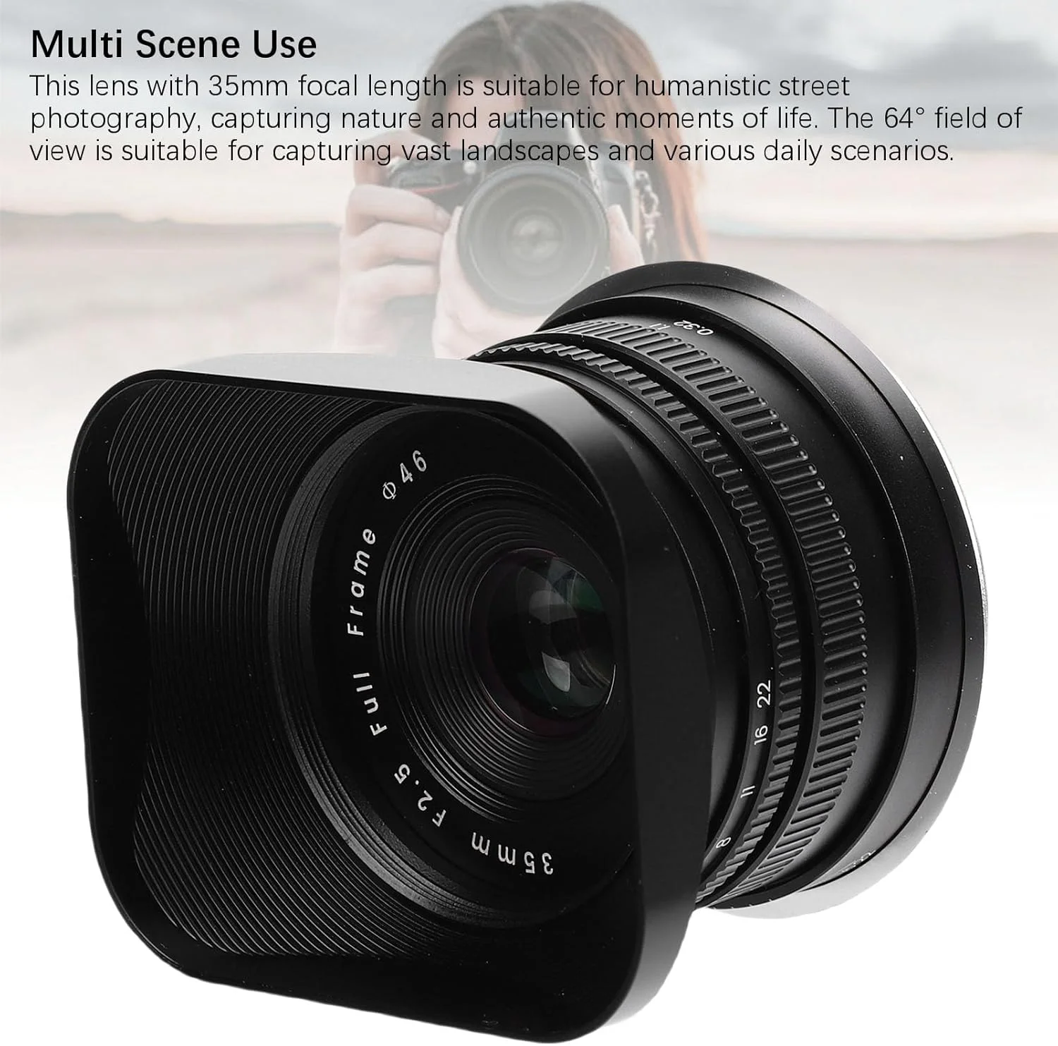 لنز 35mm F2.5 گونیک، فاصله کانونی 35 میلی‌متر، زاویه دید عریض 64 درجه، دیافراگم دوگانه 7 تیغه، به همراه هود و درپوش‌های جلو و عقب، مناسب برای عکاسی خیابانی و انسانی