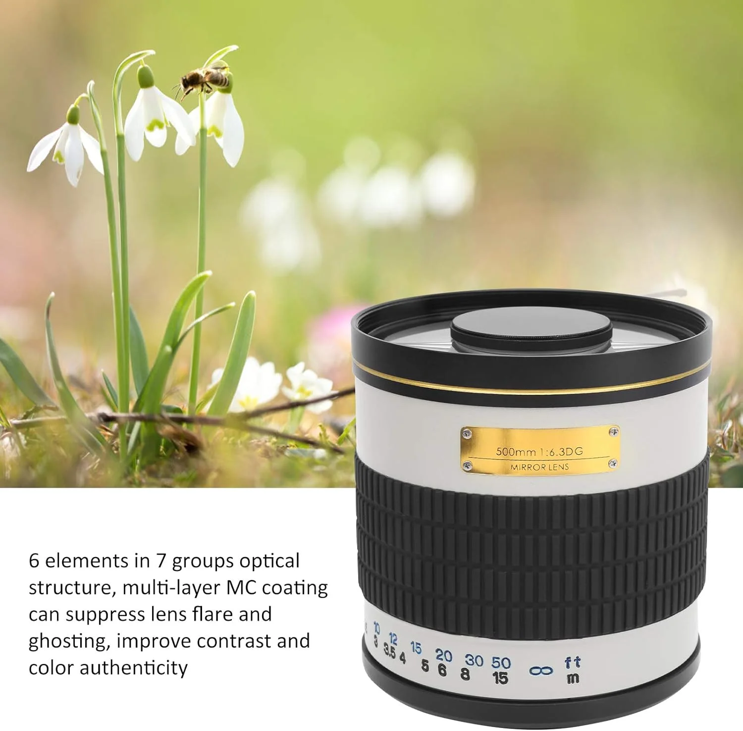 لنز تله فوتو آینه ای 500 میلی متری F6.3 Cryfokt برای دوربین NEX، بدنه آلیاژی، لنز فوکوس دستی برای پرندگان و حیات وحش، عکاسی منظره و ورزشی (سفید)
