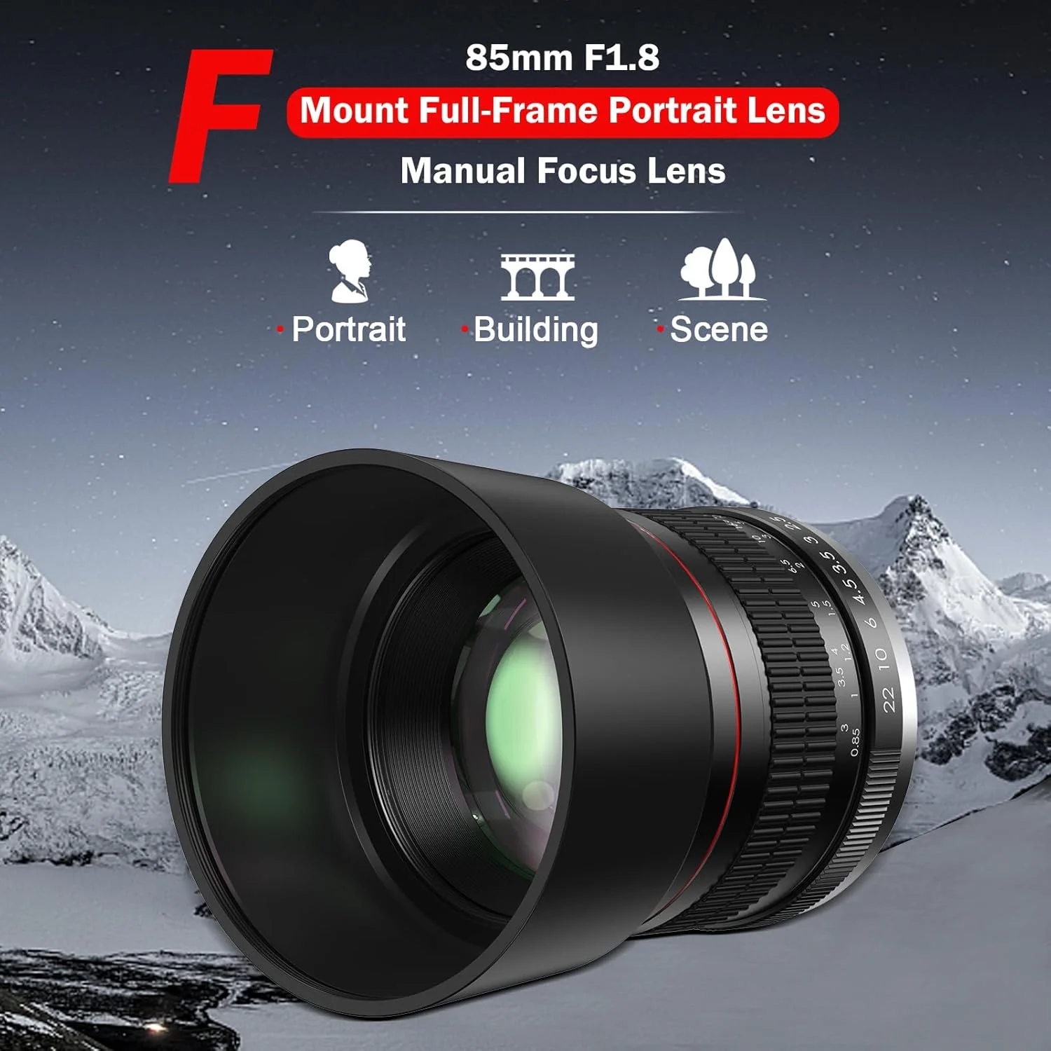 لنز F بنویسون برای نیکون - لنز 85mm f1.8 با فوکوس دستی مناسب پرتره برای نیکون D3500 D850 D7500 D5600 D3400 D500 D7200 D5500 D750 D810 D3300 D5300 D610 D7100 D5200 D600 D3200 و غیره