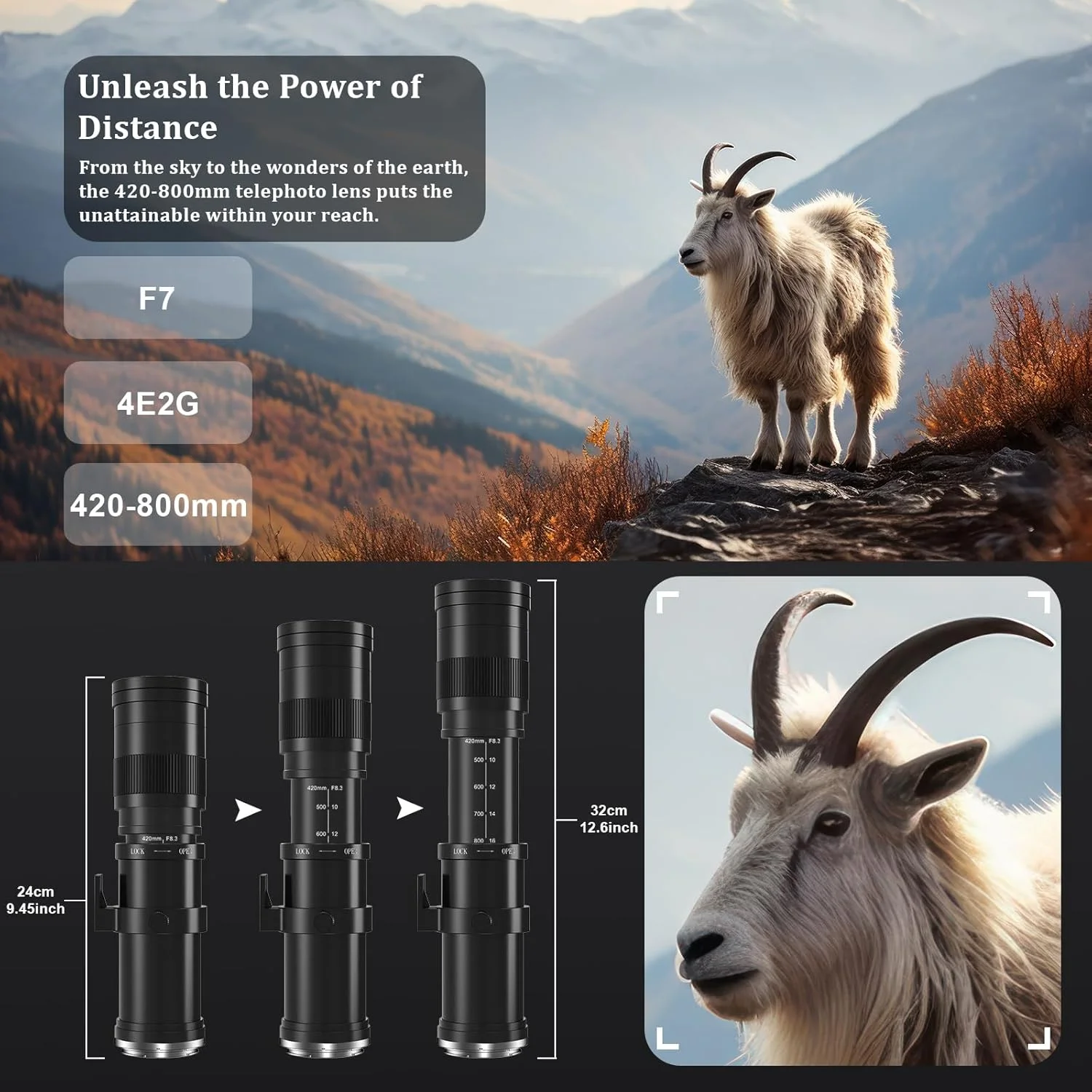 لنز تله فوتو برای کانن - لنز RF 420-800 میلی‌متری با فوکوس دستی MF زوم برای کانن EOS R, Ra, RP, R3, R5, R5 C, R6, R6 Mark II, R7, R8, R10, R50, R100 بدون آینه