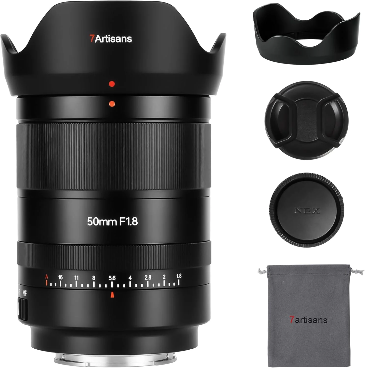 لنز فول فریم 50mm F1.8 با فوکوس خودکار 7artisans، دیافراگم بزرگ F1.8، پشتیبانی از دیافراگم خودکار/دستی و تشخیص چهره/چشم، سازگار با سری Sony A7, A7R, A7S, A7SII, A9, A7C, A1 و غیره - مشکی