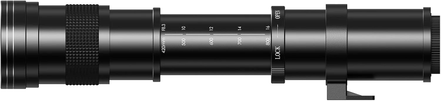 لنز زوم تله فوتو 420-800 میلی‌متری F8.3 (MF) + مانت T برای دوربین‌های بدون آینه سونی a7 IV-III/ZV-E10/a7R V/a7C II/a7R IV/a7S III/a1/a9 III/a6400/a6100/a9 II/a7 II/a6000/NEX-6/NEX-5/Alpha با فوکوس دستی