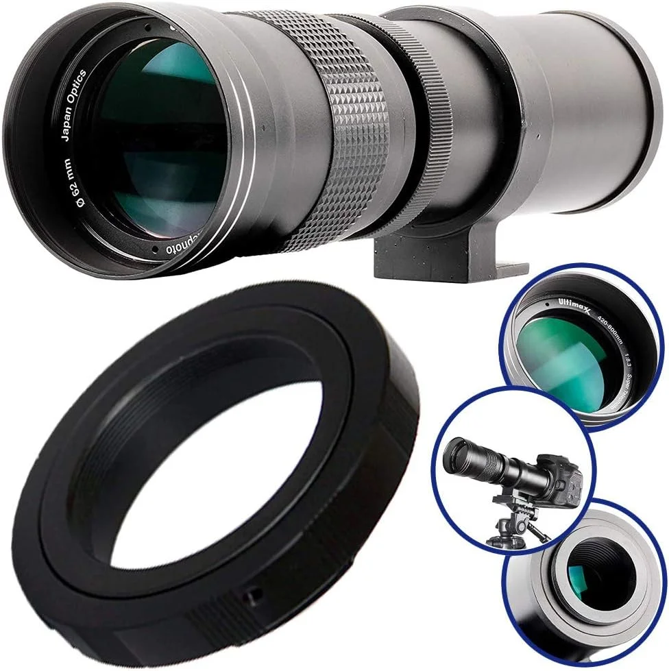 لنز تله فوتو زوم دستی سوپر HD مدل Ultimaxx 420-800mm f/8.3-16 با مانت T برای دوربین های کانن EOS 9000D 800D 760D 750D 700D 1300D 1200D T100, 4000D, 3000D, 2000D, 1500D DSLR