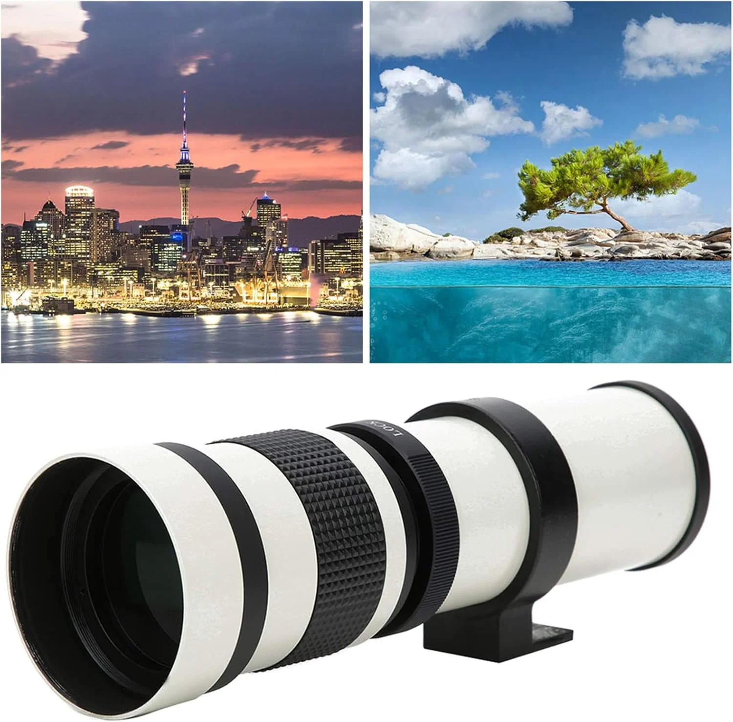 لنز تلسکوپ، لنز زوم با فوکوس دستی 420-800 میلی‌متری F8.3-16 با تله‌کانورتور 2X برای دوربین‌های نیکون با مانت F، بدنه آلومینیومی، لنز زوم تله‌فوتو (سفید)