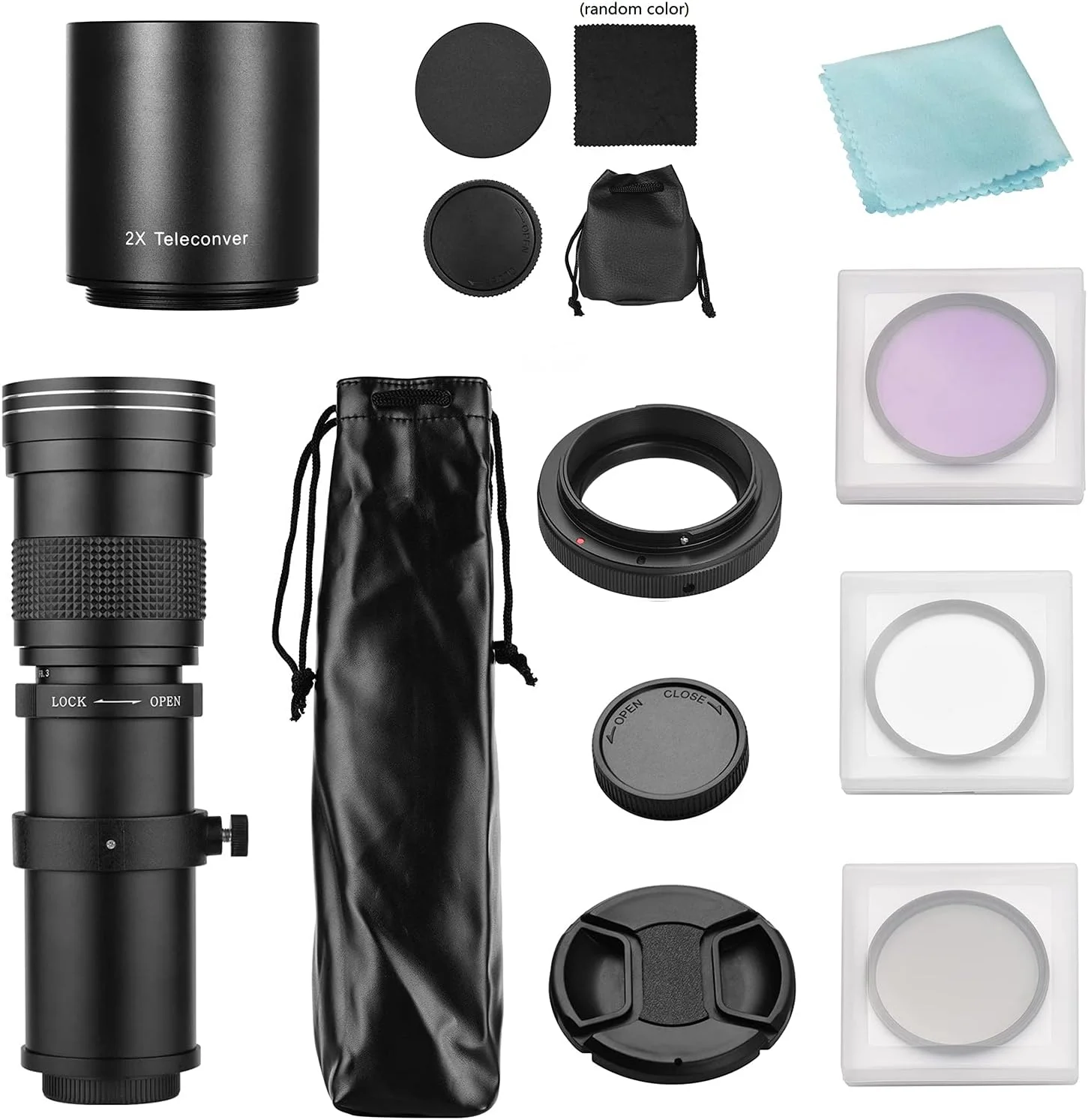 لنز زوم سوپر تله فوتو دوربین HELEMIY MF F8.3-16 420-800mm با مانت T + مجموعه فیلترهای UVCPLFLD + لنز تله کانورتر 2X 420-800mm + حلقه آداپتور T2-EOS جایگزین برای Canon EF-mount EOS Rebel T7 T7i T6 T6