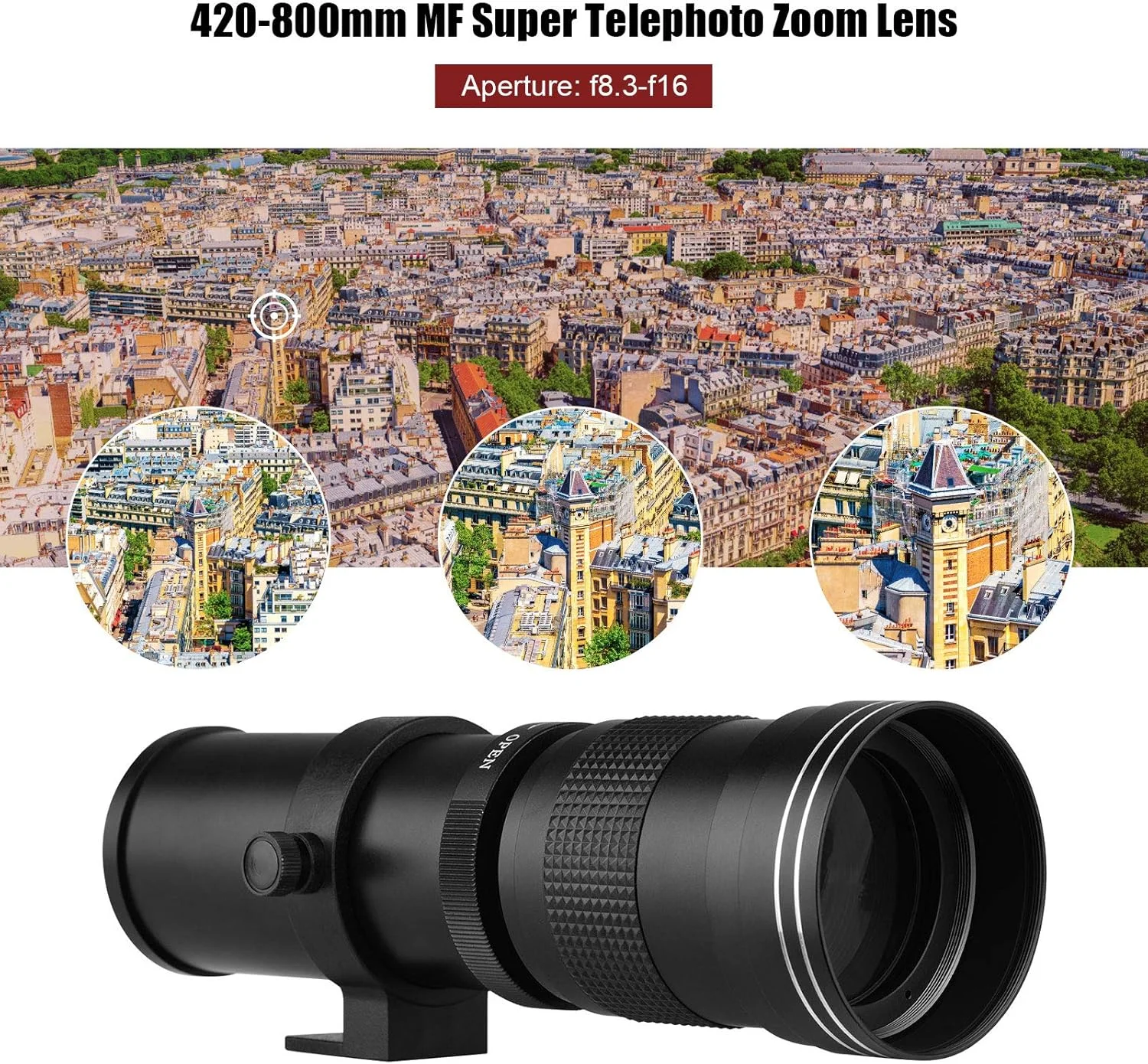 لنز زوم تله فوتو F/8.3-16 420-800 میلی‌متری با مانت T برای دوربین‌های Canon EF-Mount مدل EOS 80D 77D 70D 60D 60Da 50D 7D 6D 5D T7i T7s T6s T6i T6 T5i T5 T4i T3i T3 T2i SL2 SL1