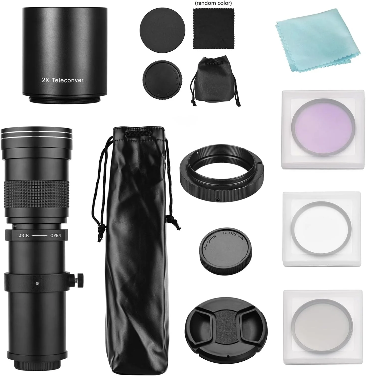 لنز زوم سوپر تله فوتو MF دوربین F/8.3-16 420-800mm با مانت T + مجموعه فیلترهای UV/CPL/FLD + لنز تله کانورتر 2X 420-800mm + حلقه آداپتور T2-AF برای مانت Sony AF A900/ A850/ A700/ A580 لنز زوم سوپر تله فوتو MF دوربین F/8.3-16 420-800mm با مانت T + مجموعه فیلترهای UV/CPL/FLD + لنز تله کانورتر 2X 420-800mm + حلقه آداپتور T2-AF برای مانت Sony AF A900/ A850/ A700/ A580