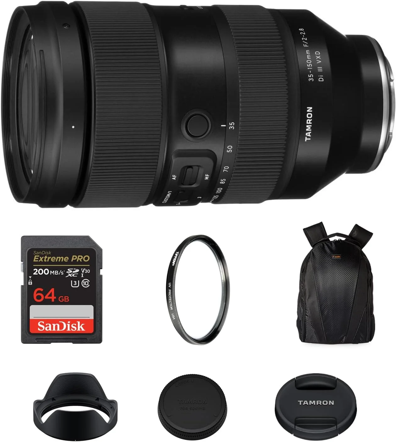 لنز تامرون 35-150mm f/2-2.8 Di III VXD (دهانه E سونی) به همراه زوم سریع همه کاره، کارت حافظه 64GB Extreme PRO SDXC با سرعت خواندن 200MB/s، فیلتر UV تیفن 82mm و کیت کوله پشتی دوربین