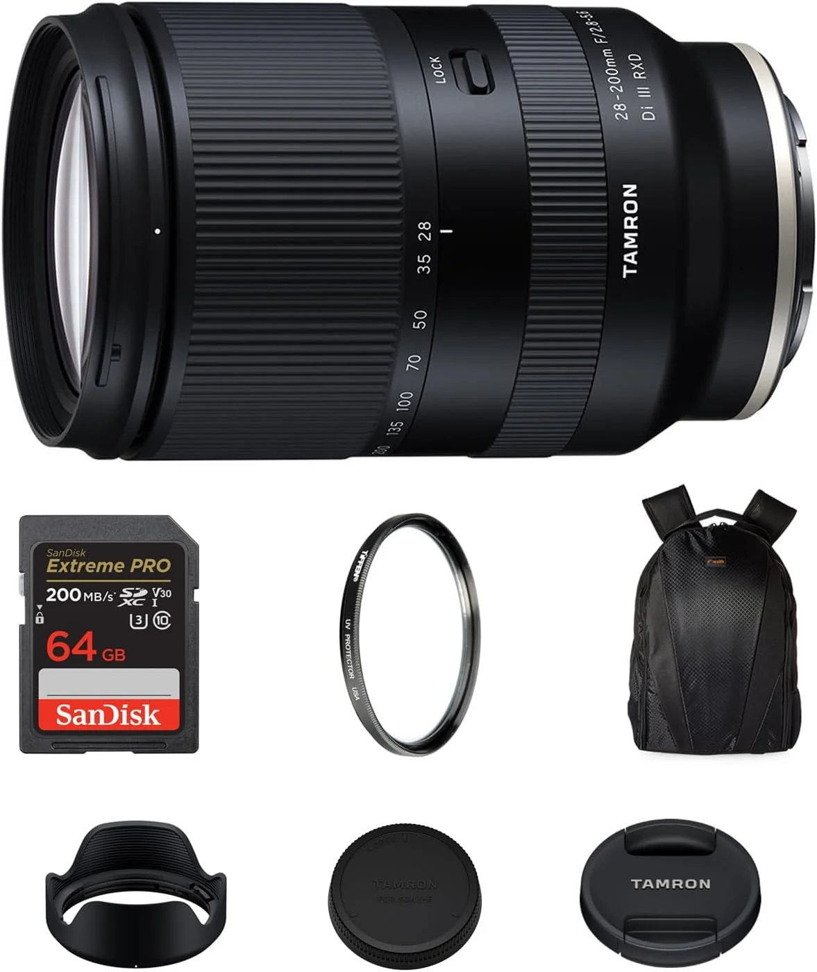 لنز تامرون 28-200mm f/2.8-5.6 Di III RXD (مانت سونی E) با زوم واید تا تله و دیافراگم f/2.8، کارت حافظه 64 گیگابایتی Extreme PRO SDXC با سرعت خواندن 200 مگابایت بر ثانیه، فیلتر UV تیفن 67 میلی‌متری و کیت کوله پشتی دوربین