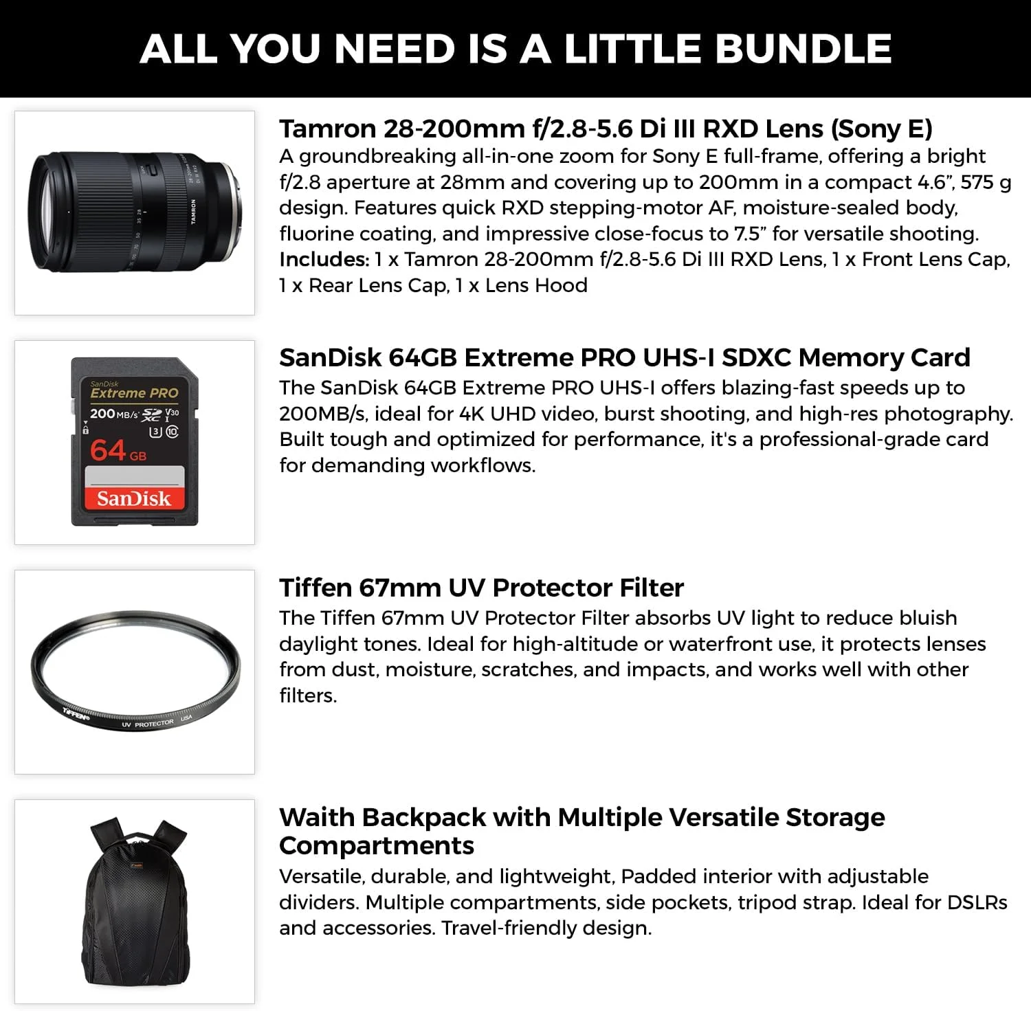 لنز تامرون 28-200mm f/2.8-5.6 Di III RXD (مانت سونی E) با زوم واید تا تله و دیافراگم f/2.8، کارت حافظه 64 گیگابایتی Extreme PRO SDXC با سرعت خواندن 200 مگابایت بر ثانیه، فیلتر UV تیفن 67 میلیمتری و کیت کوله پشتی دوربین لنز تامرون 28-200mm f/2.8-5.6 Di III RXD (مانت سونی E) با زوم واید تا تله و دیافراگم f/2.8، کارت حافظه 64 گیگابایتی Extreme PRO SDXC با سرعت خواندن 200 مگابایت بر ثانیه، فیلتر UV تیفن 67 میلیمتری و کیت کوله پشتی دوربین