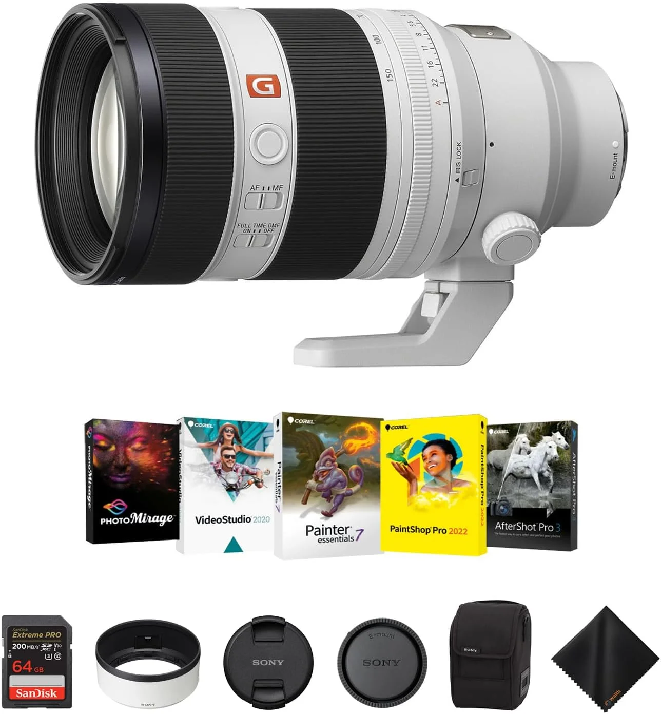 لنز سونی FE 50-150mm f/2 GMaster برای مانت Sony E - لنز زوم پرسرعت پرتره به همراه کارت حافظه 64 گیگابایتی Extreme PRO UHS-I SDXC، کیت نرم‌افزاری Corel و پارچه تمیزکننده - بسته ضروری