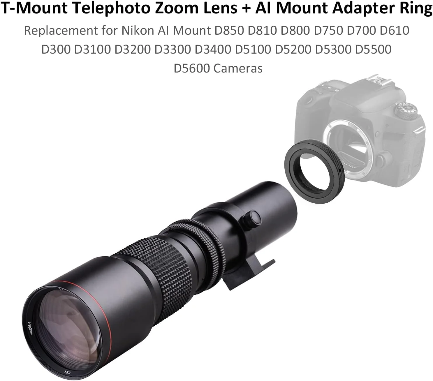 لنز سوپر تله فوتو دوربین Pepisky 500mm F8.0-32 زوم دستی با مانت T به همراه لنز تله کانورتور 2X 500mm و حلقه آداپتور T2-AI جایگزین برای Nikon D850 D810 D800 D750 D700 D610 D300 D3100 D3200 D3300 D3400