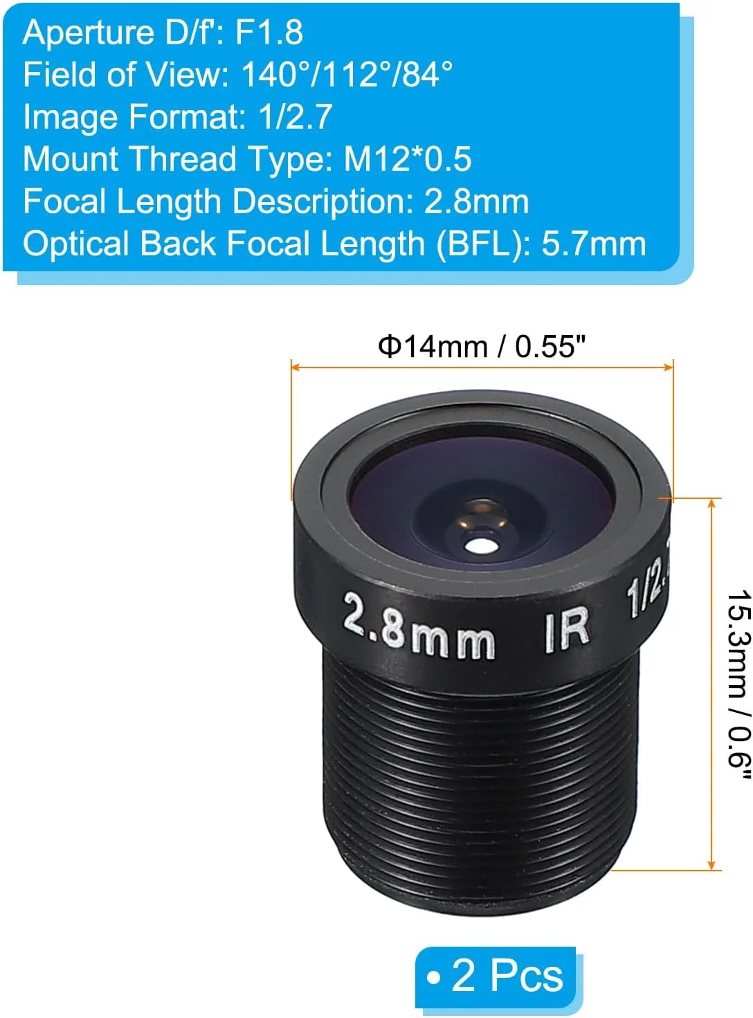 لنز دوربین مداربسته 2.8 میلی‌متری PATIKIL، لنز دوربین امنیتی FPV با دیافراگم F1.8 و رزولوشن 3 مگاپیکسل، زاویه دید عریض 140°/112°/84°، رزوه M12 مناسب برای دوربین IP پانوراما، بسته 2 عددی