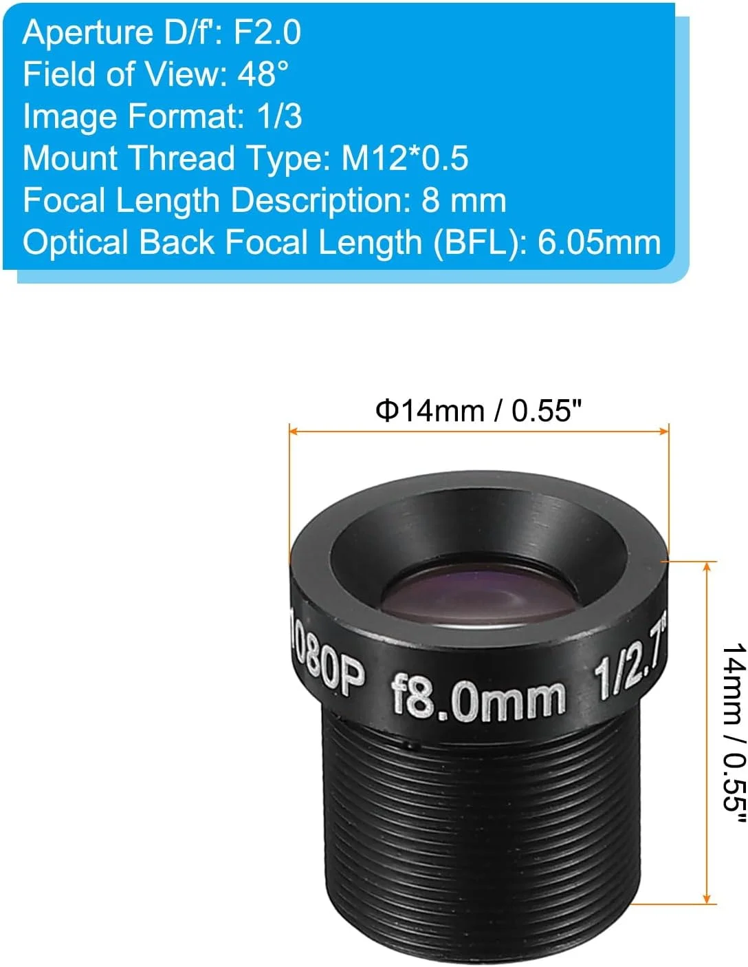 لنز دوربین مداربسته 8 میلی‌متری PATIKIL، لنز دوربین امنیتی FPV با دیافراگم F2.0، لنز دوربین فوق‌العاده شفاف 2 مگاپیکسلی 1080P با زاویه 48 درجه و رزوه M12 برای دوربین IP پانوراما