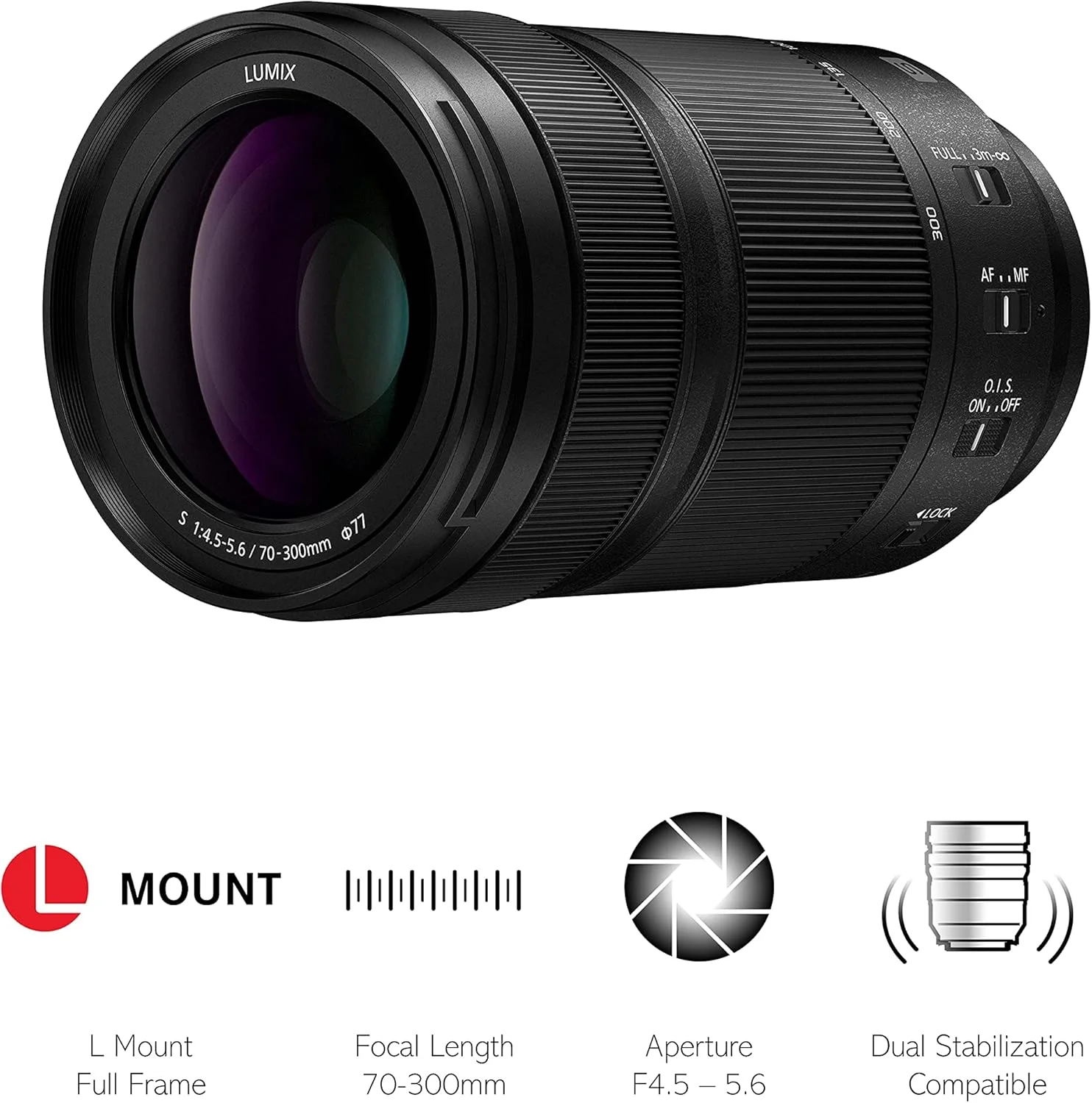 لنز تله فوتو پاناسونیک Lumix S 70-300mm F4.5-5.6 مدل S-R70300E (زوم 300 میلیمتری، مناسب ورزش، ماکرو، بوکه، تثبیتکننده دوگانه، مقاوم در برابر شرایط آب و هوایی) مشکی - سازگار با مانت L لنز تله فوتو پاناسونیک Lumix S 70-300mm F4.5-5.6 مدل S-R70300E (زوم 300 میلیمتری، مناسب ورزش، ماکرو، بوکه، تثبیتکننده دوگانه، مقاوم در برابر شرایط آب و هوایی) مشکی - سازگار با مانت L
