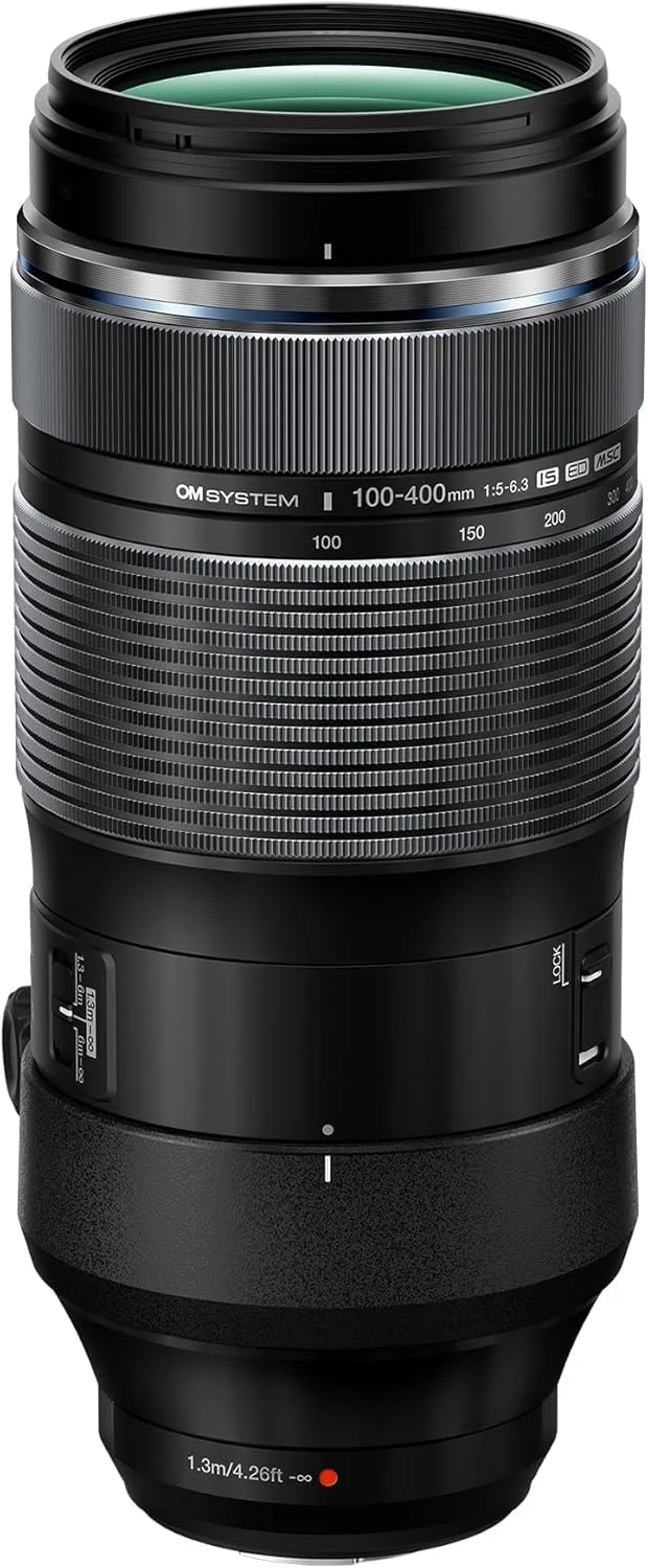 لنز زوم سوپر تله فوتو OM SYSTEM M.Zuiko Digital ED 100-400 mm F5.0-6.3 IS، مناسب برای تمامی دوربین های MFT (مدل های Olympus OM-D و Pen، سری Panasonic G)، مشکی