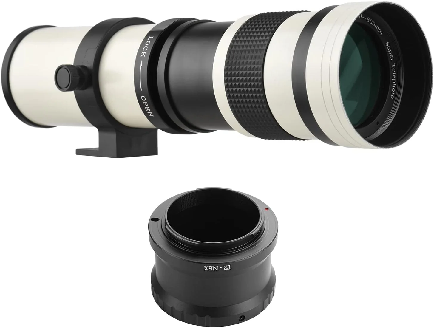 لنز زوم سوپر تله فوتو دوربین Morelian MF F/8.3-16 420-800mm با مانت T به همراه حلقه آداپتور مانت NEX و رزوه ¼ اینچی جهانی جایگزین برای دوربین های Sony NEX E-mount مدل های NEX-5R NEX-3 NEX-C3 NEX-5N NEX-5C