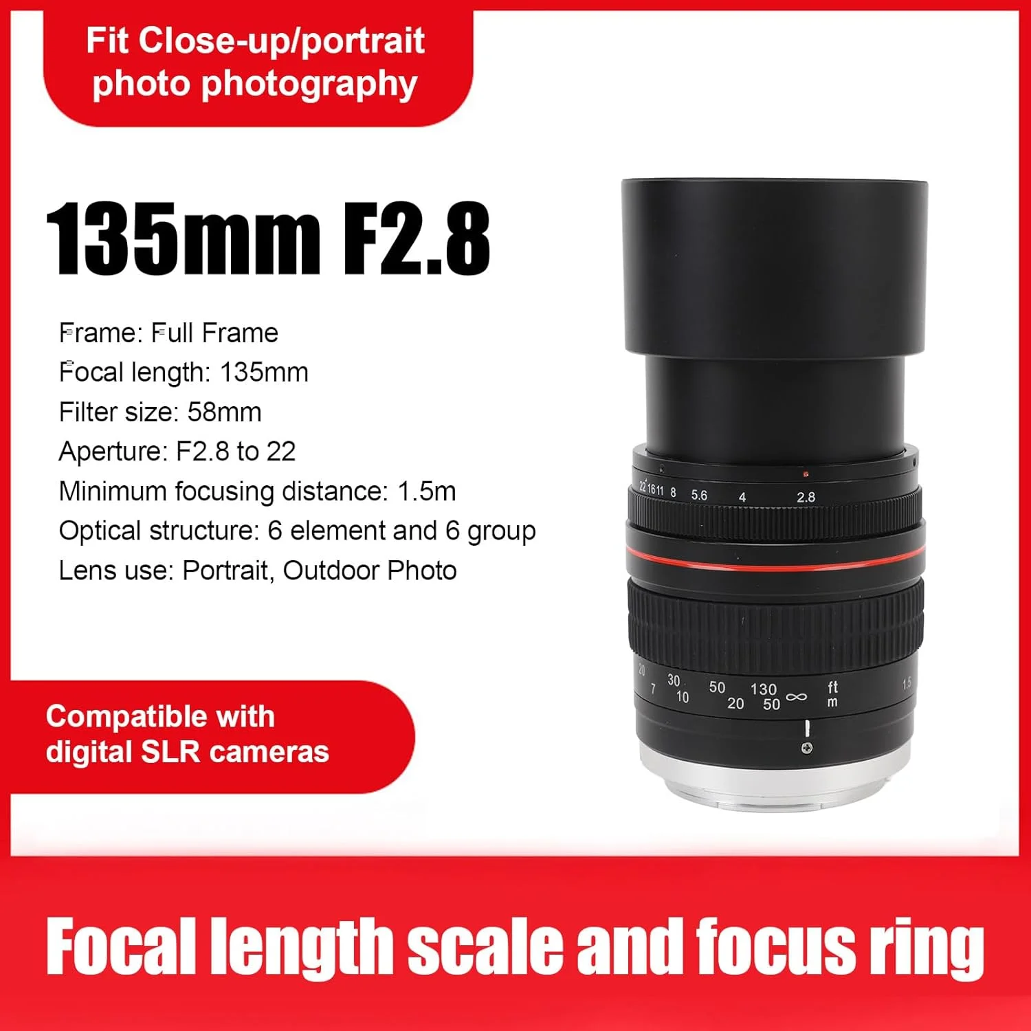 لنز دوربین جیاوو 135mm F2.8، لنز زوم تله فوتو با دیافراگم بزرگ و فریم کامل از جنس شیشه اپتیکال، سازگار با دوربین های DSLR مانند 80D 70D 60D 60Da 50D 7D T5 T3 T2i SL1