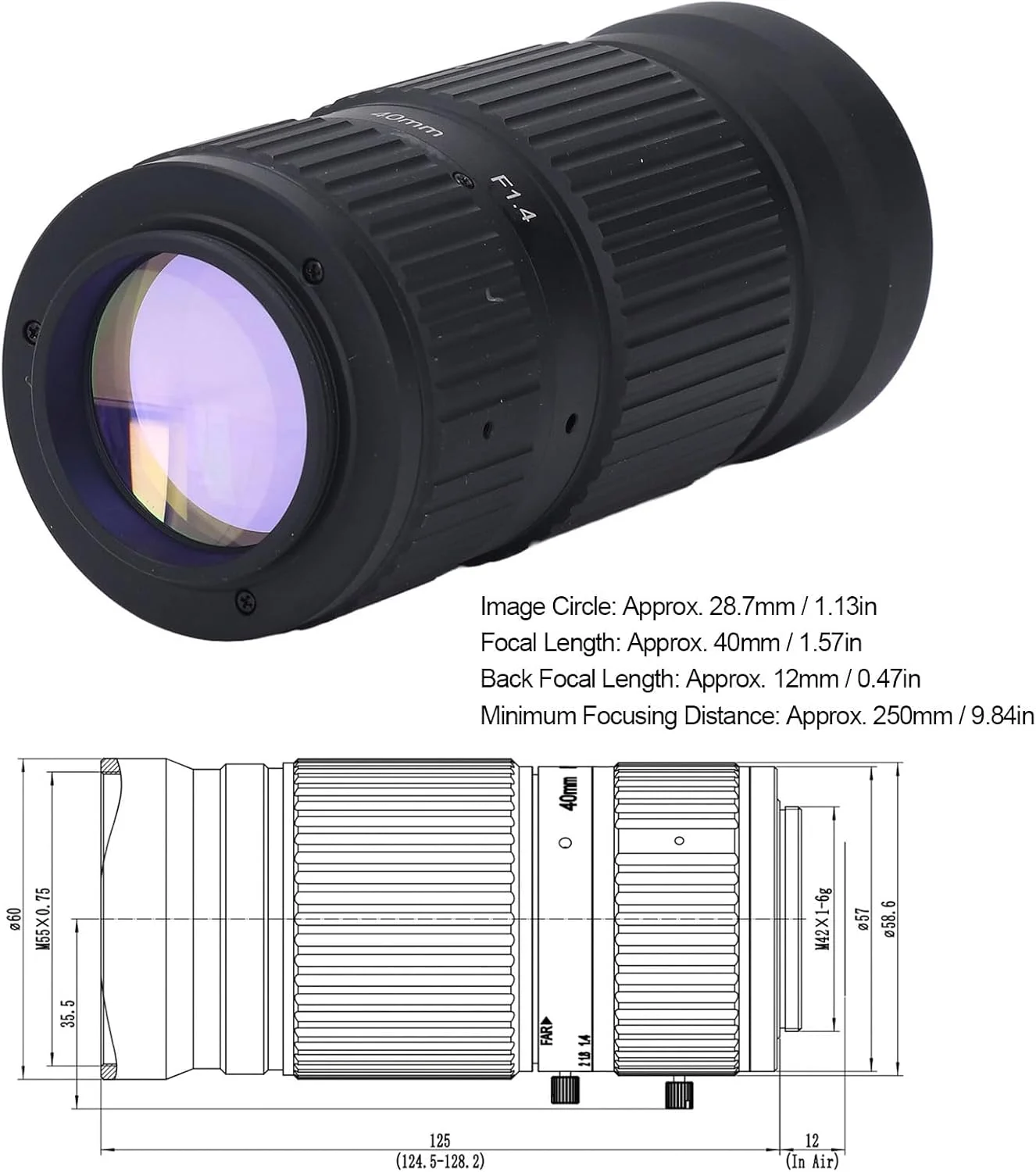 لنز صنعتی 40mm F1.4 M42 با دیافراگم بزرگ برای بازرسی نیمه هادی LCD