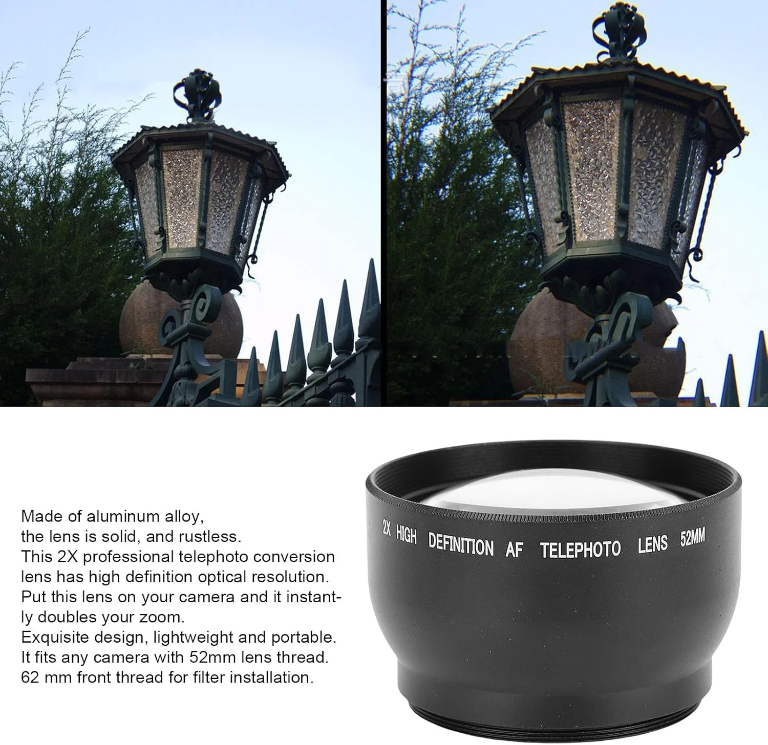 لنز تله فوتو GOWENIC، زوم دو برابر، جنس محکم، نصب آسان، با مانت 52 میلی‌متری، برای مبتدیان و آماتورها