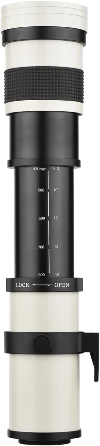 لنز زوم سوپر تله فوتو دوربین عکاسی MF با دهانهٔ دیافراگم F/8.3-16 و فاصلهٔ کانونی 420-800 میلی‌متر، مانت T با رزوهٔ ¼ اینچی جهانی، جایگزینی برای دوربین‌های فوجی‌فیلم و المپوس