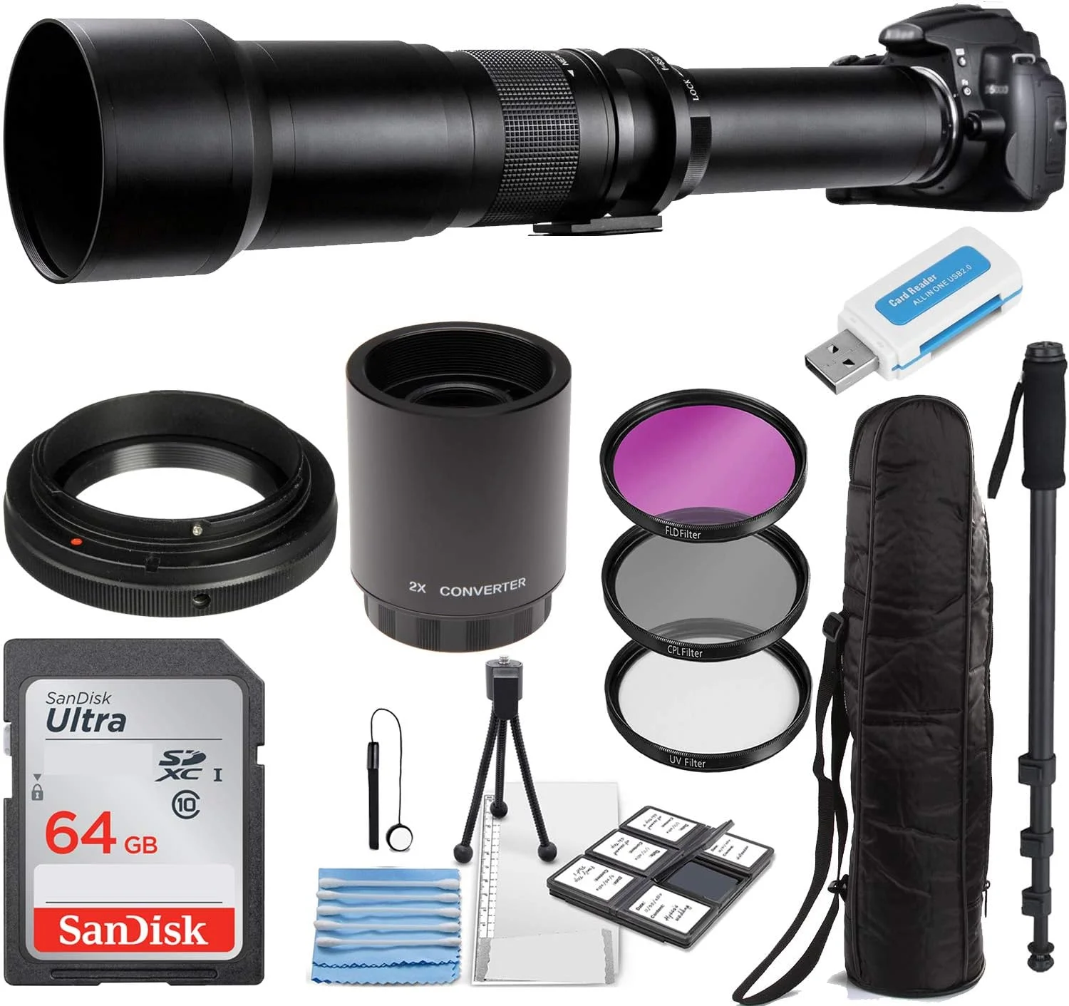 لنز زوم تله فوتو دستی سوپر 650-1300 میلی‌متری f/8 برای دوربین‌های DSLR نیکون با مانت F به همراه کیت لوازم جانبی ضروری عکاسی