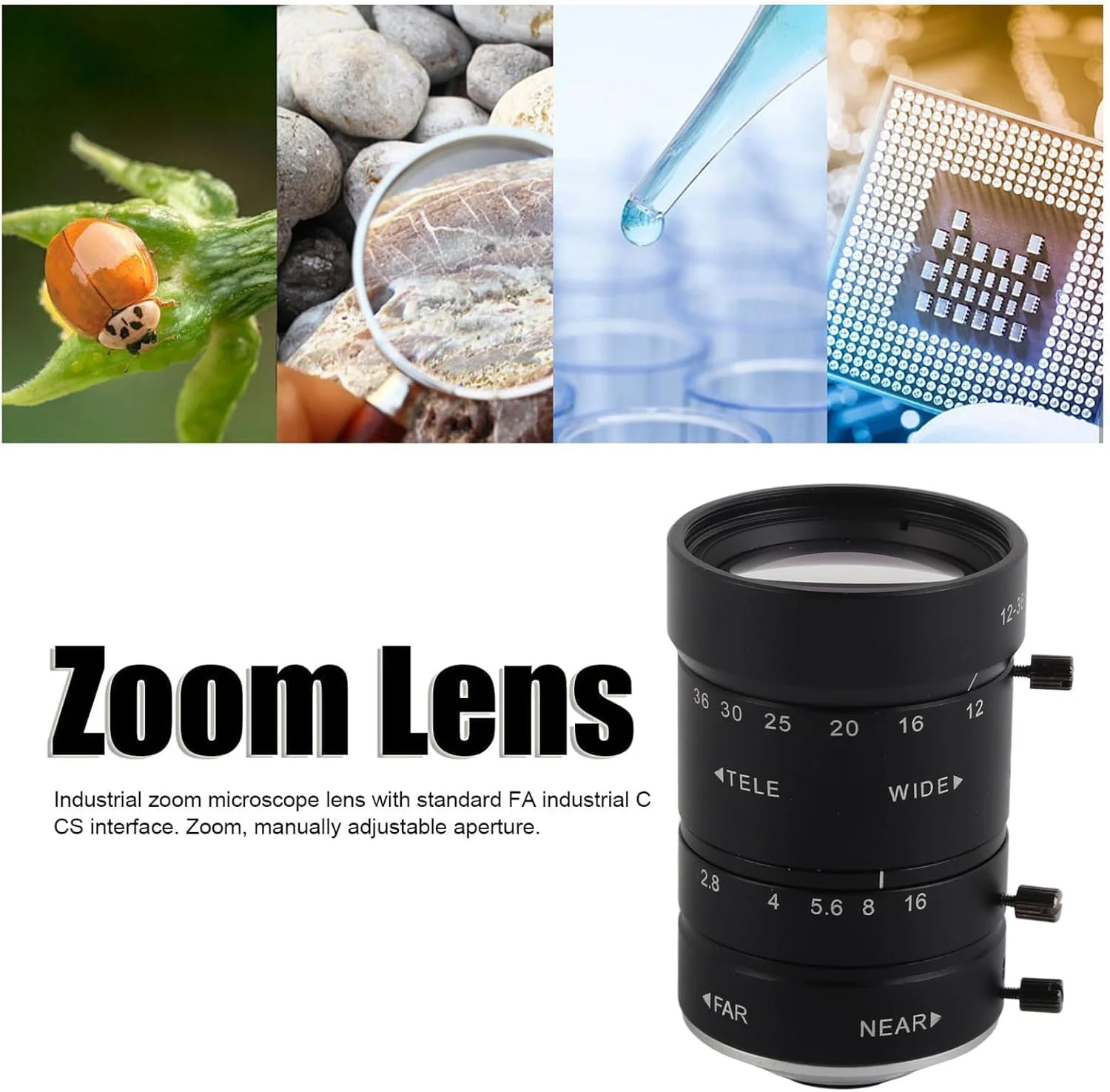 لنز تله فوتو دستی، لنز زوم 8 مگاپیکسلی 12-36 میلی متری F2.8 با مانت C، لنز زوم با دید بزرگ، دیافراگم دستی و اعوجاج کم 2/3 اینچی