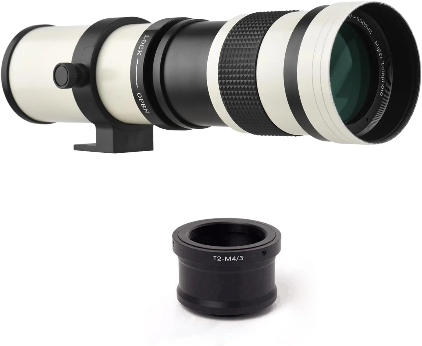 لنز زوم سوپر تله فوتو دوربین MF اندور F/8.3-16 420-800mm با مانت T2 به همراه حلقه آداپتور M4/3 و رزوه 1/4 اینچی برای پاناسونیک المپوس، سفید