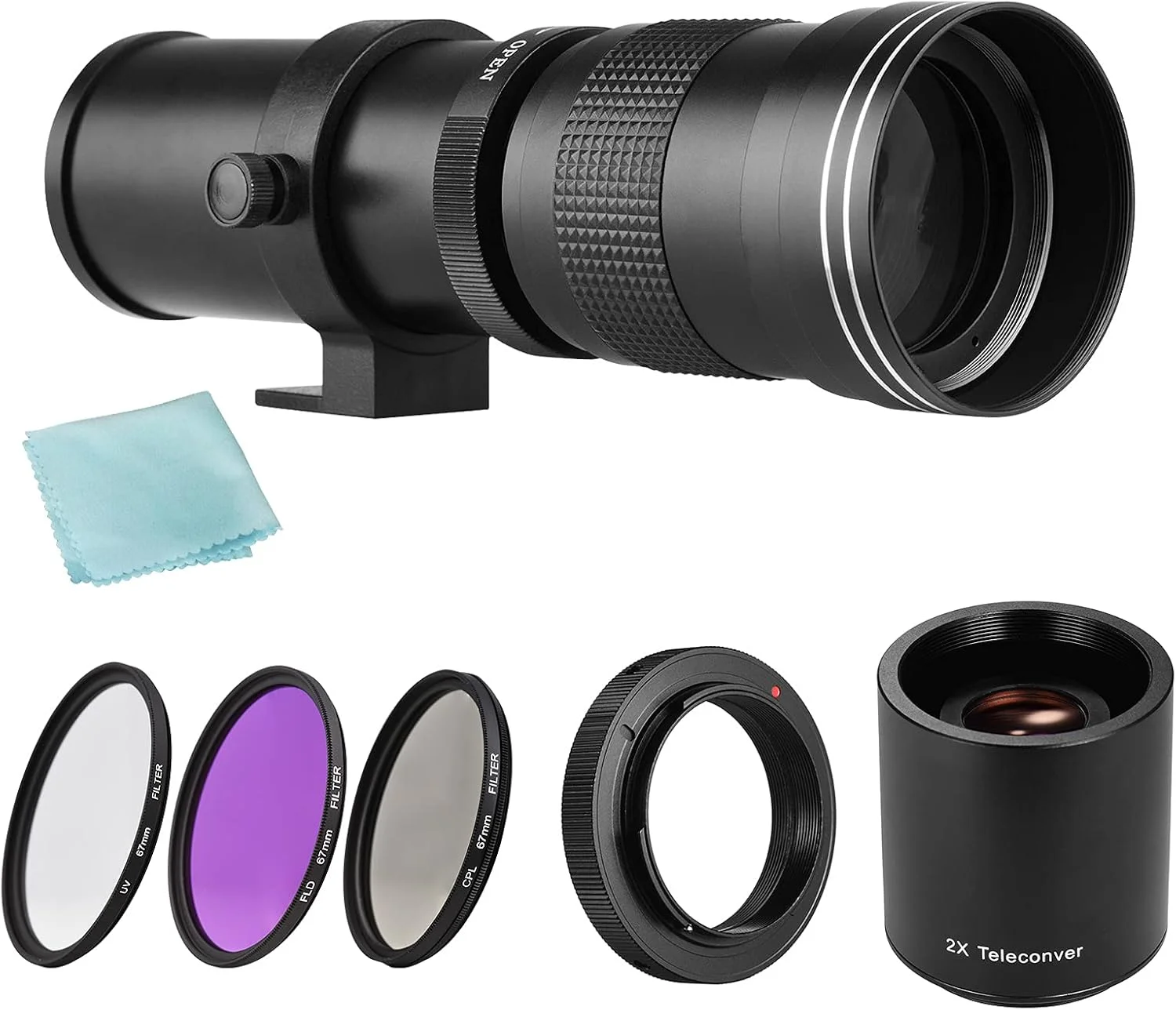 لنز زوم سوپر تله فوتو دوربین Andoer MF F/8.3-16 420-800mm با مانت T + مجموعه فیلتر UV/CPL/FLD + لنز تله کانورتر 2X 420-800mm + حلقه آداپتور T2-AI