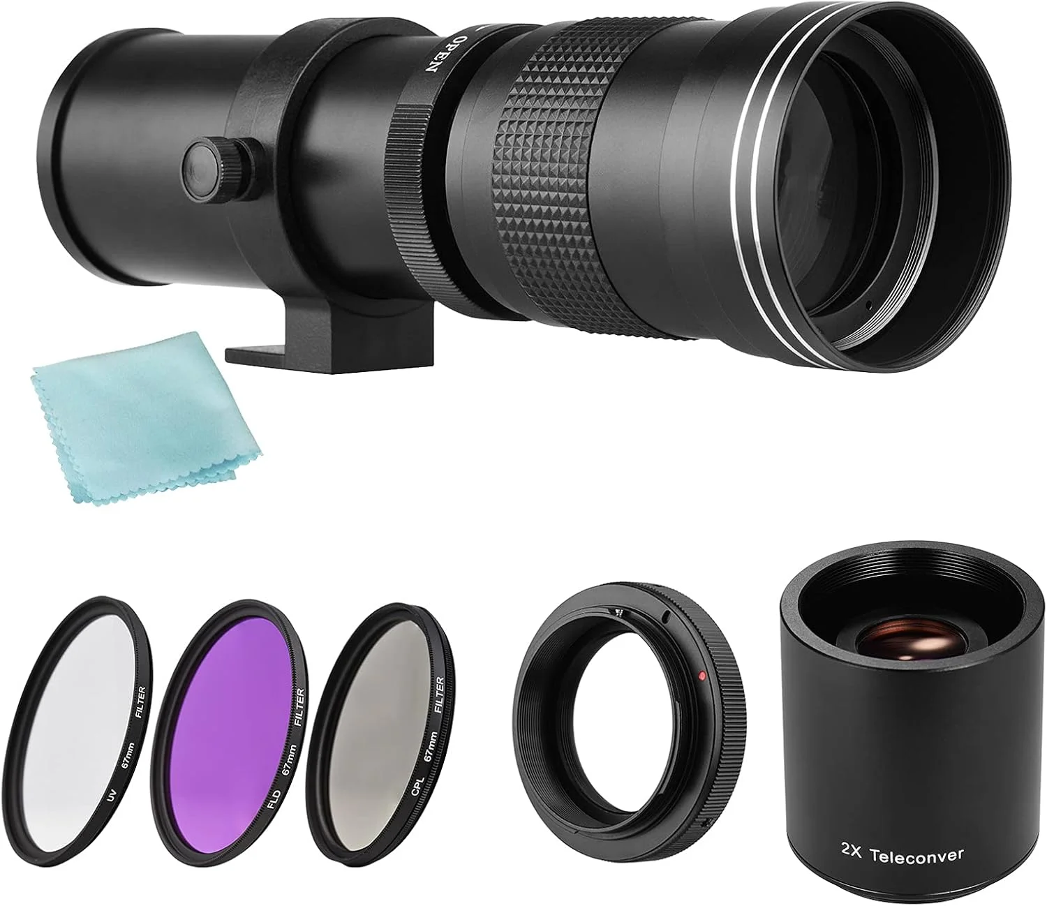 لنز سوپر تله فوتو زوم Andoer MF F/8.3-16 420-800 میلی متر با مانت T + مجموعه فیلتر UV / CPL / FLD + تله کانورتر 2x 420-800 میلی متر + حلقه آداپتور جایگزین T2-EOS