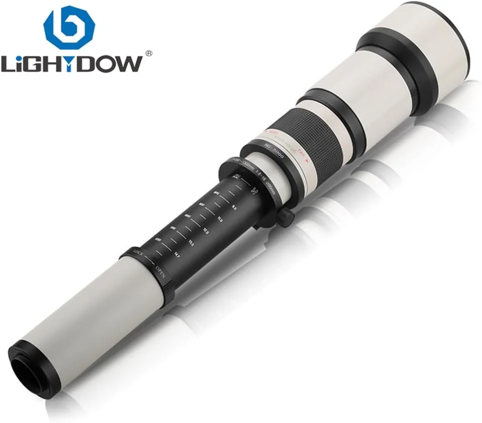 لنز زوم دستی سوپر تله فوتو Lightdow 650-1300mm F8.0-F16 به همراه حلقه آداپتور T2 برای دوربین های DSLR کانن، نیکون، سونی و پنتاکس (مانت E سونی (-C))