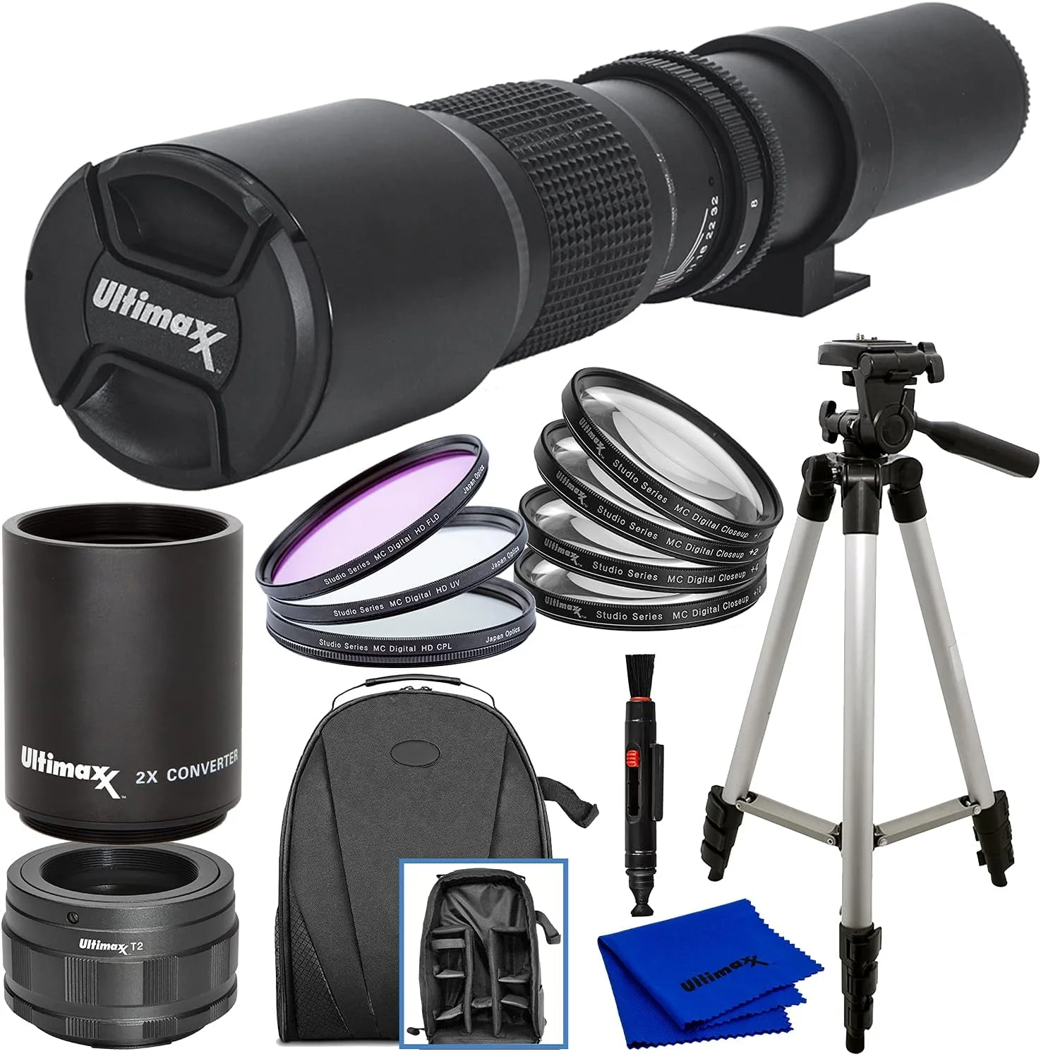 کیت لنز تله فوتو 500 میلی‌متری با قدرت بالا Ultimaxx f/8 (1000 میلی‌متر با مبدل 2x) با پوشش چند لایه دستی برای دوربین‌های Nikon Z50، Z6 و Z7 با مانت Z - شامل: آداپتور T-Mount به Nikon Z-Mount و موارد دیگر