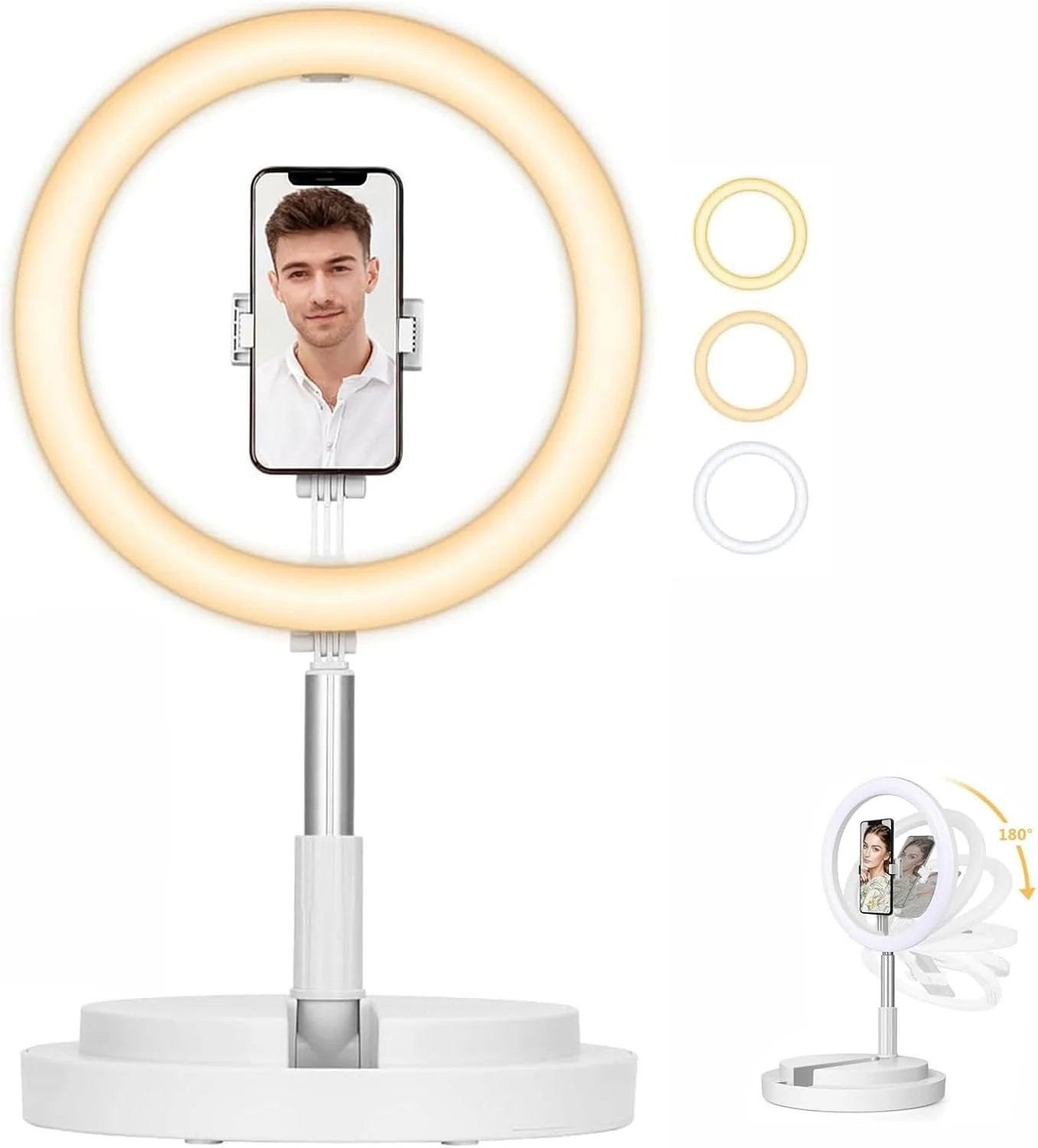 نور حلقه ای سلفی با پایه، 12 اینچی تاشو با نگهدارنده تلفن و مانت کفشک سرد، چراغ رومیزی بلند برای فیلمبرداری و عکاسی، نور زیبایی LED با روشنایی قابل تنظیم نور حلقه ای سلفی با پایه، 12 اینچی تاشو با نگهدارنده تلفن و مانت کفشک سرد، چراغ رومیزی بلند برای فیلمبرداری و عکاسی، نور زیبایی LED با روشنایی قابل تنظیم