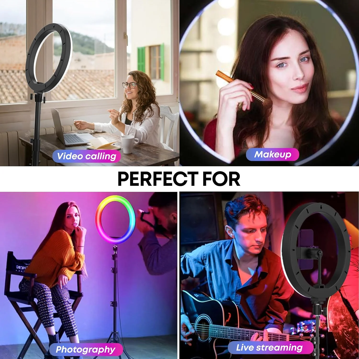 نور حلقه ای ال ای دی RGB ۱۴ اینچی با پایه سه پایه ۷ فوتی و نگهدارنده تلفن، نور کم نور شونده با تغذیه USB برای یوتیوب، ریلز، آرایش، ویدیو، سلفی، پخش زنده، عکاسی، حالت های چند رنگی