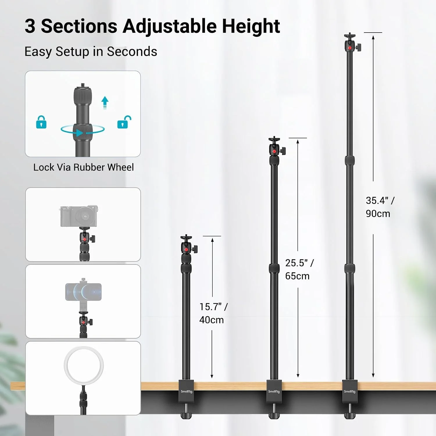 پایه رومیزی دوربین، پایه نور قابل تنظیم 38 تا 89 سانتی متر، گیره C شکل رومیزی برای دوربین DSLR، رینگ لایت، پخش زنده، عکاسی و فیلمبرداری