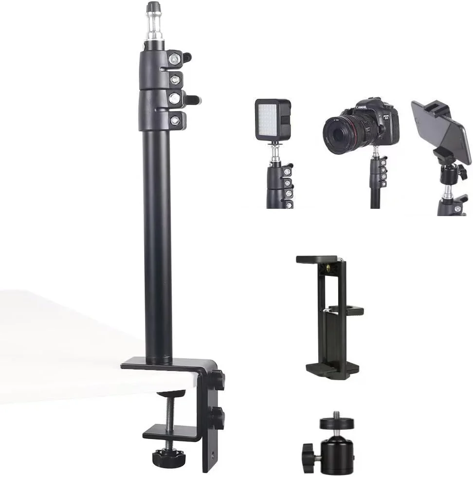 پایه رومیزی دوربین، پایه رومیزی دوربین قابل افزایش طول با سر توپی 1/4 اینچی، پایه نور قابل تنظیم 46-74 سانتی متر، گیره C رومیزی برای دوربین DSLR، رینگ لایت، پخش زنده، عکاسی و فیلمبرداری