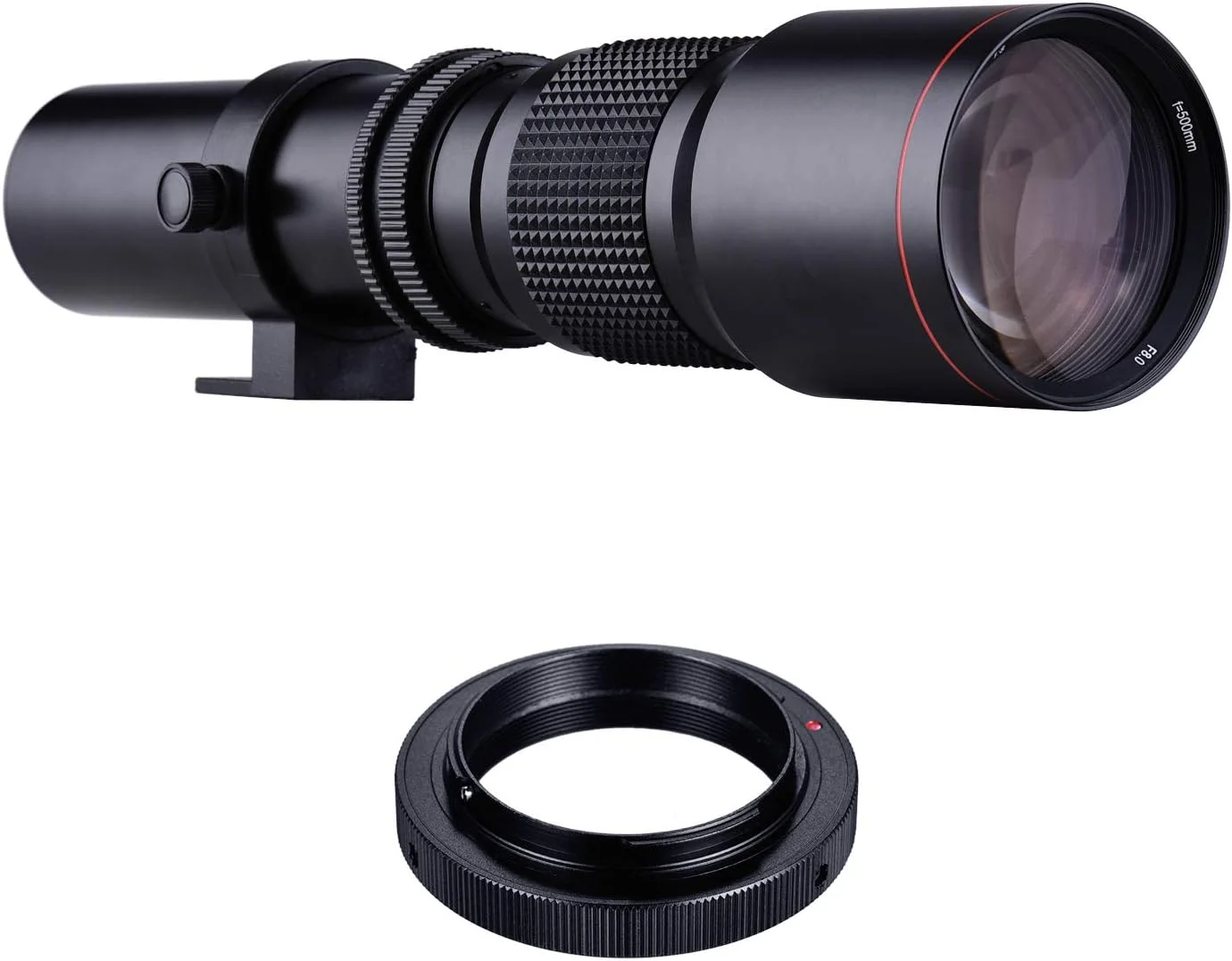 لنز سوپر تله فوتو 500mm F/8.0-32 با زوم دستی و پوشش چند لایه + حلقه آداپتور T-Mount به F-Mount جایگزین برای نیکون D3300 D3400 D3500 D5300 D5500 D5600 D610 D700 D7000 D7100 D7200 D750