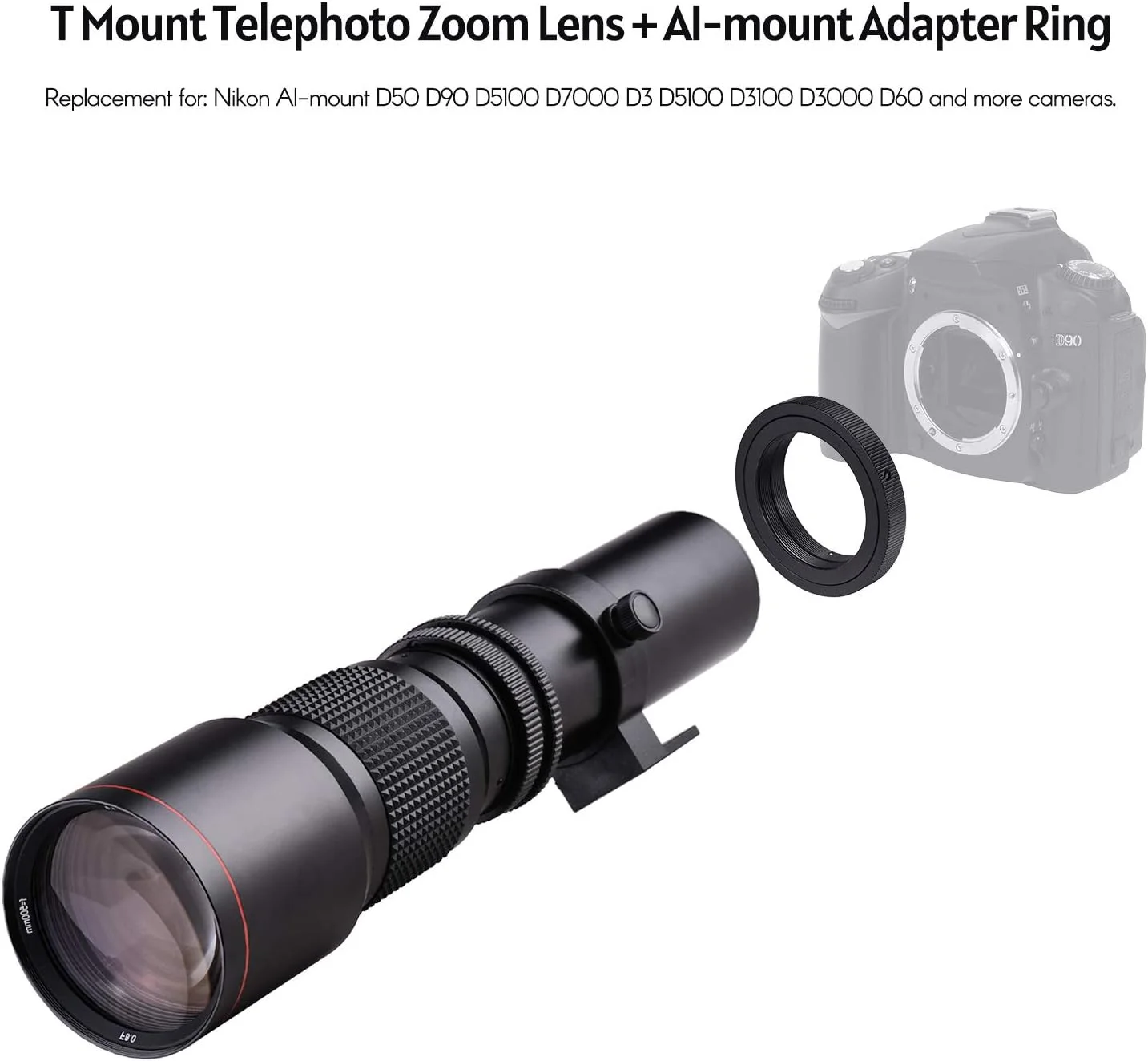 لنز سوپر تله فوتو 500mm F/8.0-32 با زوم دستی و پوشش چند لایه + حلقه آداپتور T-Mount به F-Mount جایگزین برای نیکون D3300 D3400 D3500 D5300 D5500 D5600 D610 D700 D7000 D7100 D7200 D750