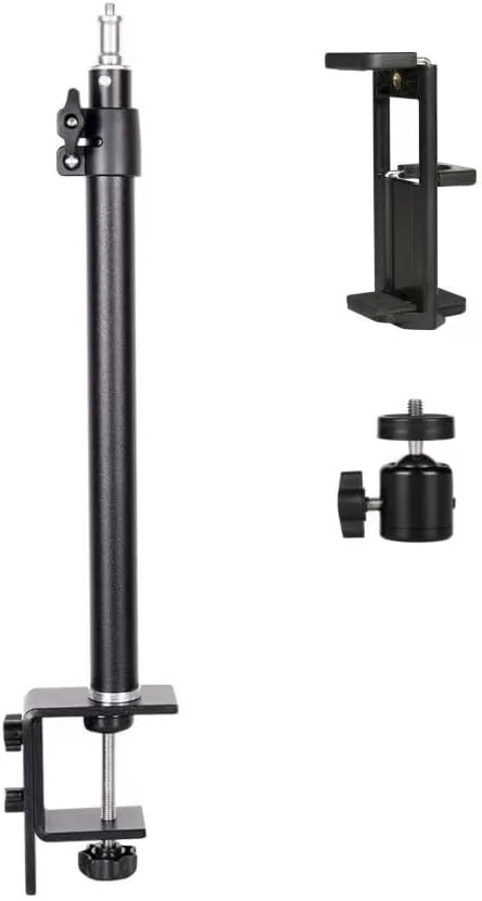 پایه رومیزی دوربین، پایه رومیزی دوربین قابل افزایش طول با سر توپی 1/4 اینچی، پایه نور قابل تنظیم 46-74 سانتی متر، گیره C رومیزی برای دوربین DSLR، رینگ لایت، پخش زنده، عکاسی و فیلمبرداری