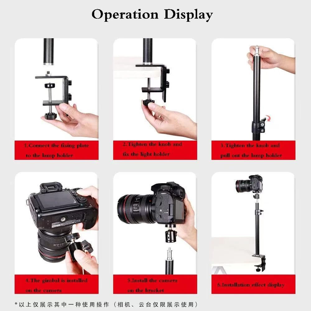 پایه رومیزی دوربین، پایه رومیزی دوربین قابل افزایش طول با سر توپی 1/4 اینچی، پایه نور قابل تنظیم 46-74 سانتی متر، گیره C رومیزی برای دوربین DSLR، رینگ لایت، پخش زنده، عکاسی و فیلمبرداری