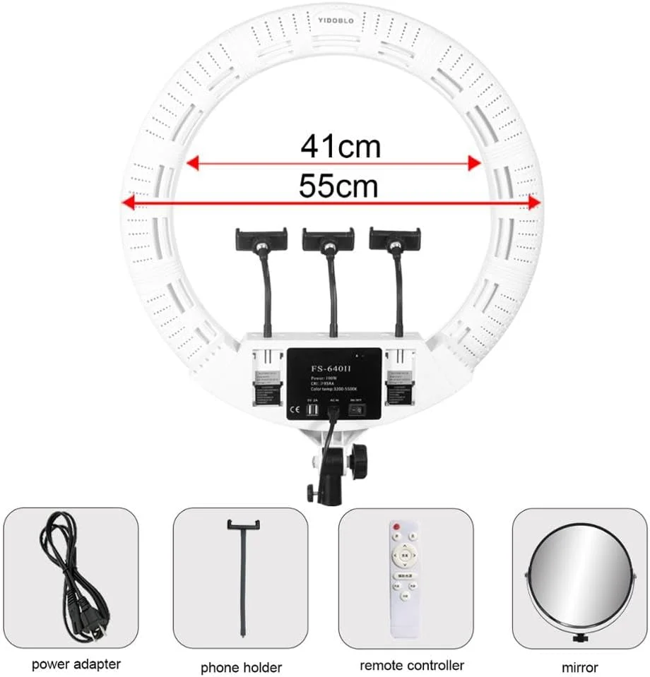 AECAM - نور حلقه ای برای آرایش، نور پر کننده زنده، نور حلقه ای 22 اینچ LED، لامپ فوق العاده روشن سلفی، کیت لامپ یوتیوب، دوربین عکس و فیلم FS640 (سفید)