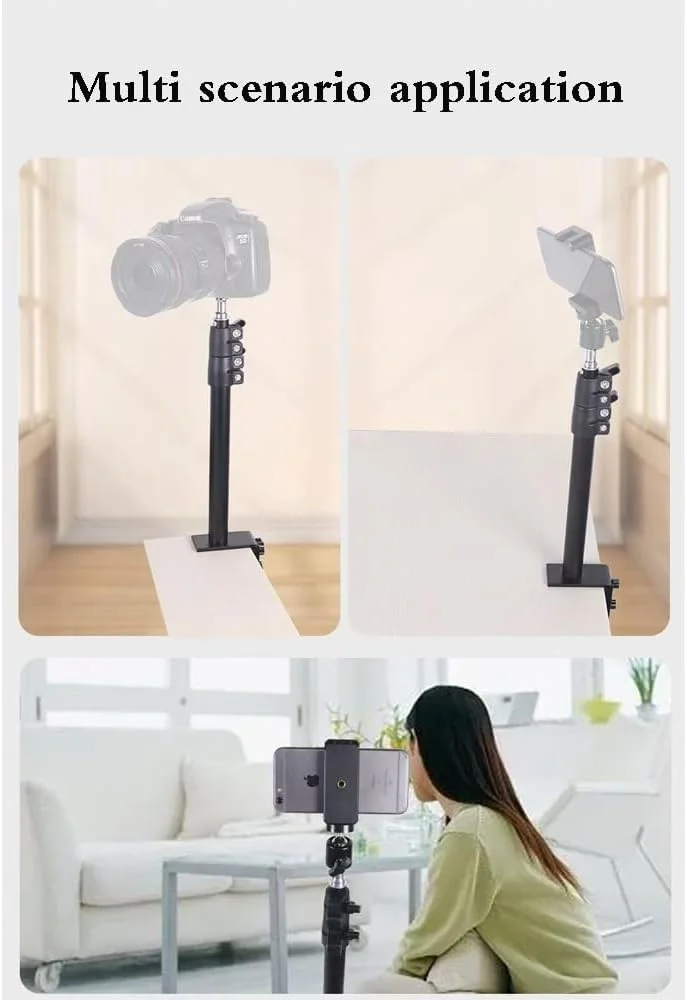 پایه رومیزی دوربین، پایه رومیزی دوربین قابل افزایش طول با سر توپی 1/4 اینچی، پایه نور قابل تنظیم 46-74 سانتی متر، گیره C رومیزی برای دوربین DSLR، رینگ لایت، پخش زنده، عکاسی و فیلمبرداری