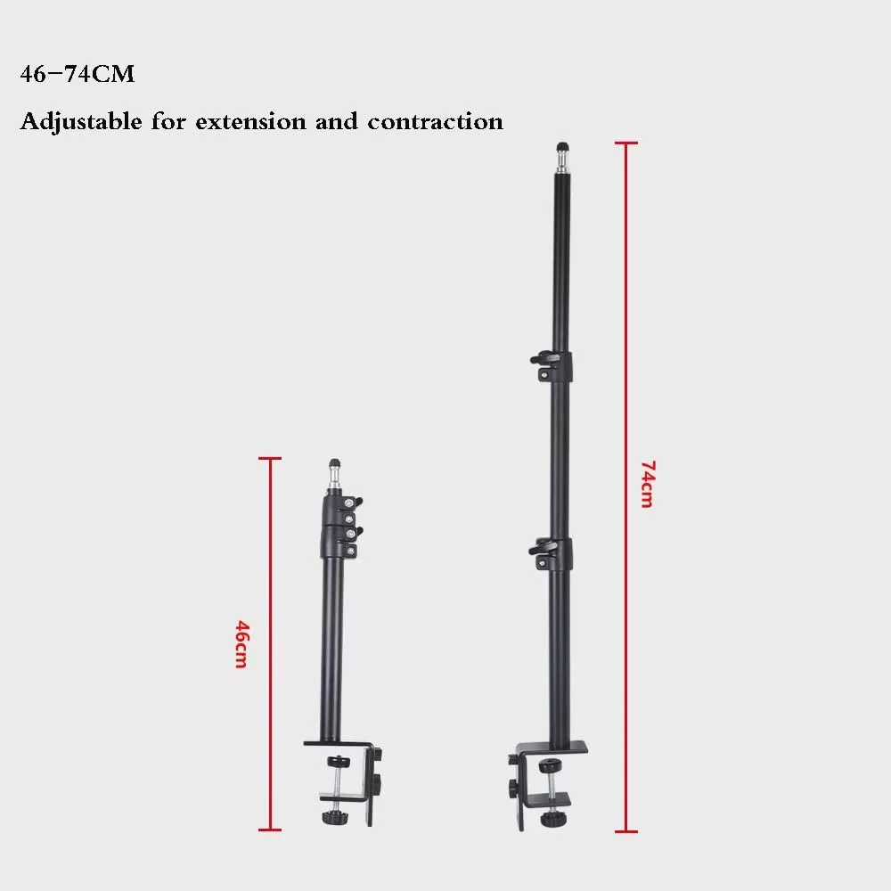 پایه رومیزی دوربین، پایه رومیزی دوربین قابل افزایش طول با سر توپی 1/4 اینچی، پایه نور قابل تنظیم 46-74 سانتی متر، گیره C رومیزی برای دوربین DSLR، رینگ لایت، پخش زنده، عکاسی و فیلمبرداری