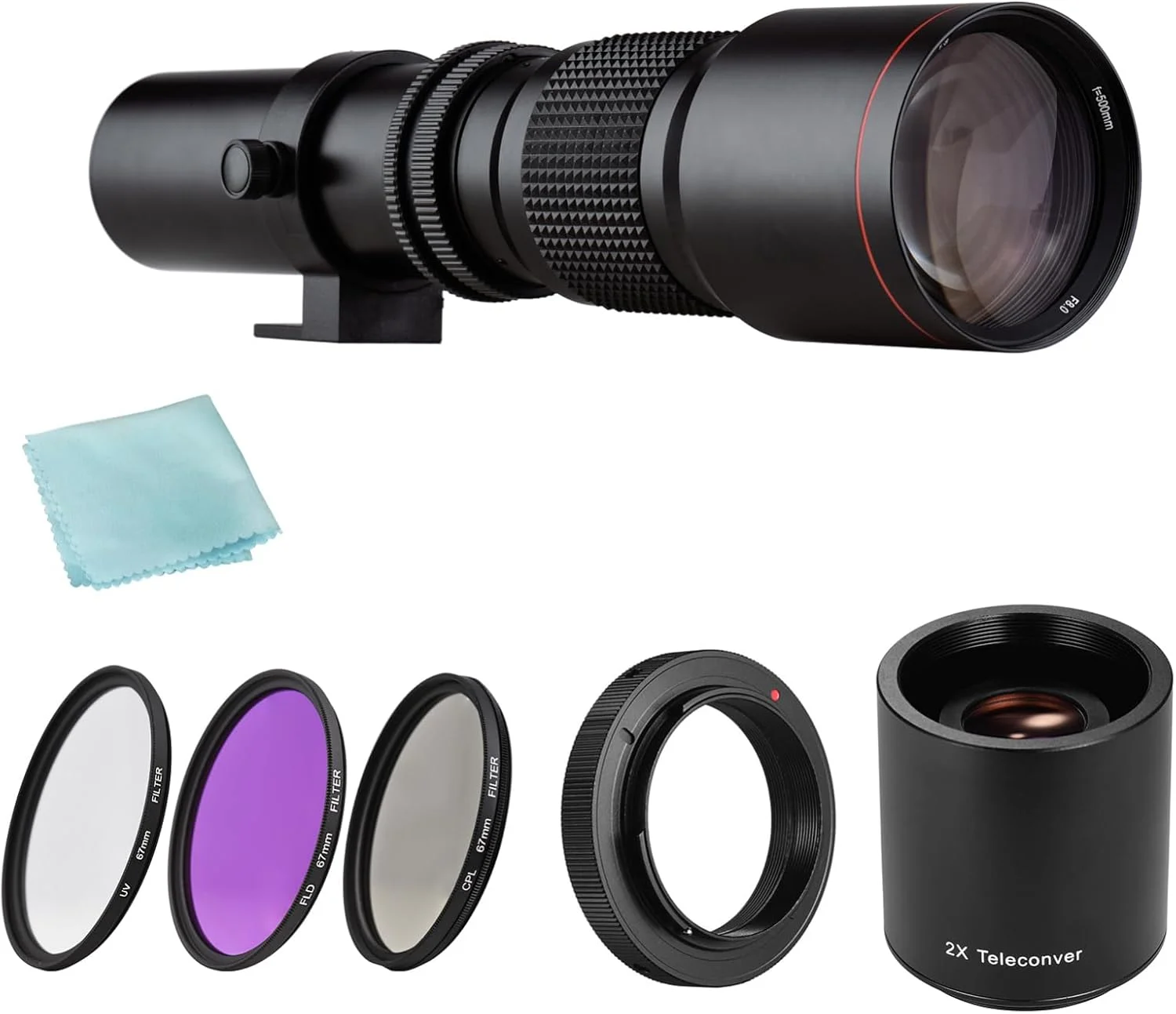لنز سوپر تله فوتو 500 میلی‌متری F/8.0-32 دستی Labymos به همراه فیلتر UV/CPL/FLD + لنز تله کانورتور 2X 500mm + حلقه آداپتور T2-AI جایگزین برای Nikon D850 D810 D800 D750 D700 D610 D300 D3100