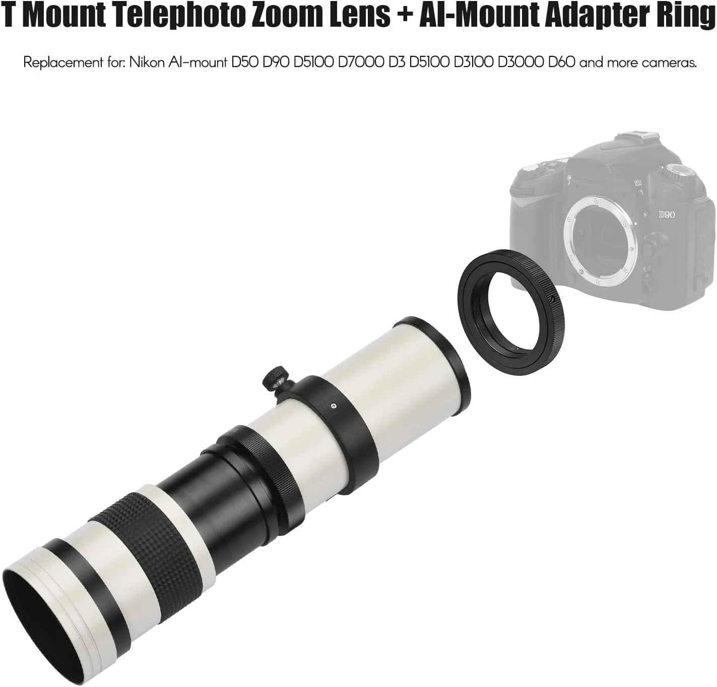 لنز تله فوتو سوپر Labymos Camera MF با دهانهٔ F/8.3-16 و فاصله کانونی 420-800 میلی‌متر، مانت T2 به همراه حلقه آداپتور مانت AI، رزوه یونیورسال 1/4، جایگزین برای دوربین‌های Nikon AI-mount D50 D90 D5100 D7000 D3 D5100 D3100 D3000 D60