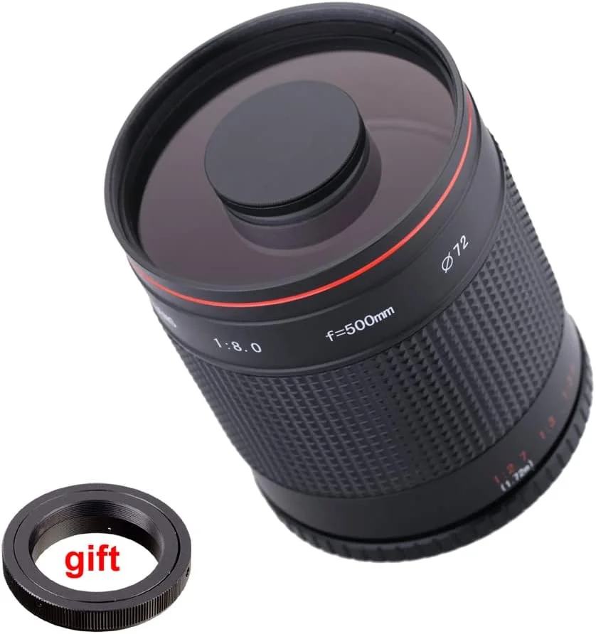 لنز تله‌فوتو آینه‌ای دستی 500 میلی‌متری f/8.0 دوربین + حلقه آداپتور T2 برای NIKONs D3200 D3300 D5200 D5500 D7000 D7200 D800 DSLR
