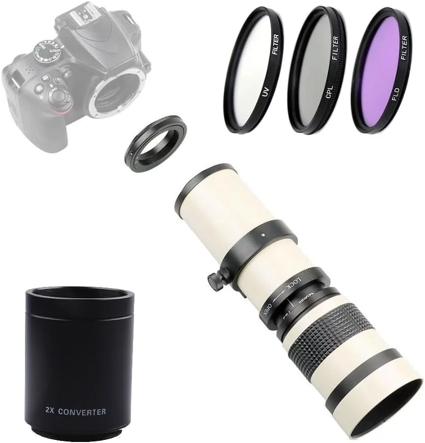 لنز زوم سوپر تله فوتو 420-800 میلی متری MF F/8.3-16 با مانت T به همراه مجموعه فیلترهای /CPL/FLD برای دوربین های کانن، نیکون، سونی و پنتاکس (سفید M4/3)