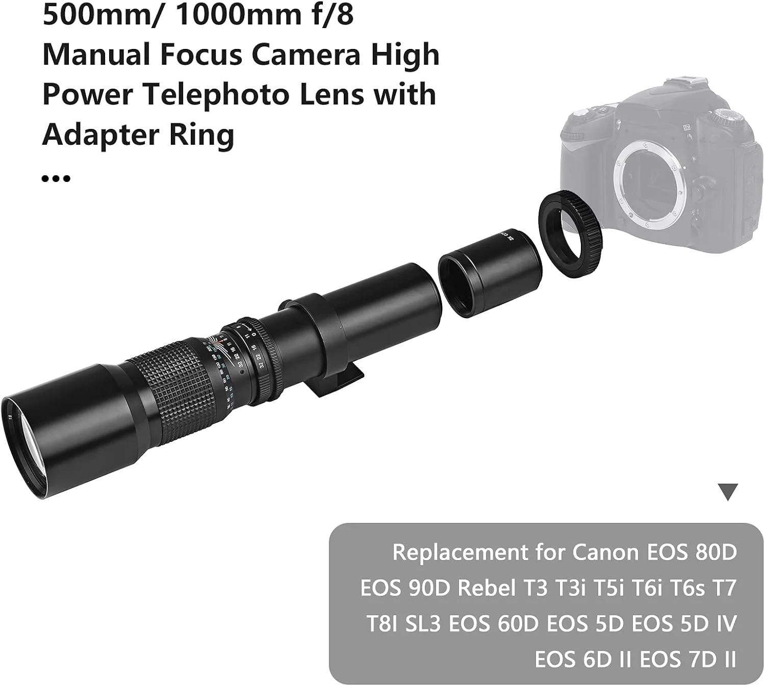 لنز تله فوتو 500mm/1000mm f/8 دستی به همراه مبدل 2X، درپوش لنز، محافظ لنز و کیف حمل مخصوص دوربین های نیکون D40 D40X D60 D90 D100 D200 D300 D500 D600 D610 D700 D750 D800 D810 و غیره