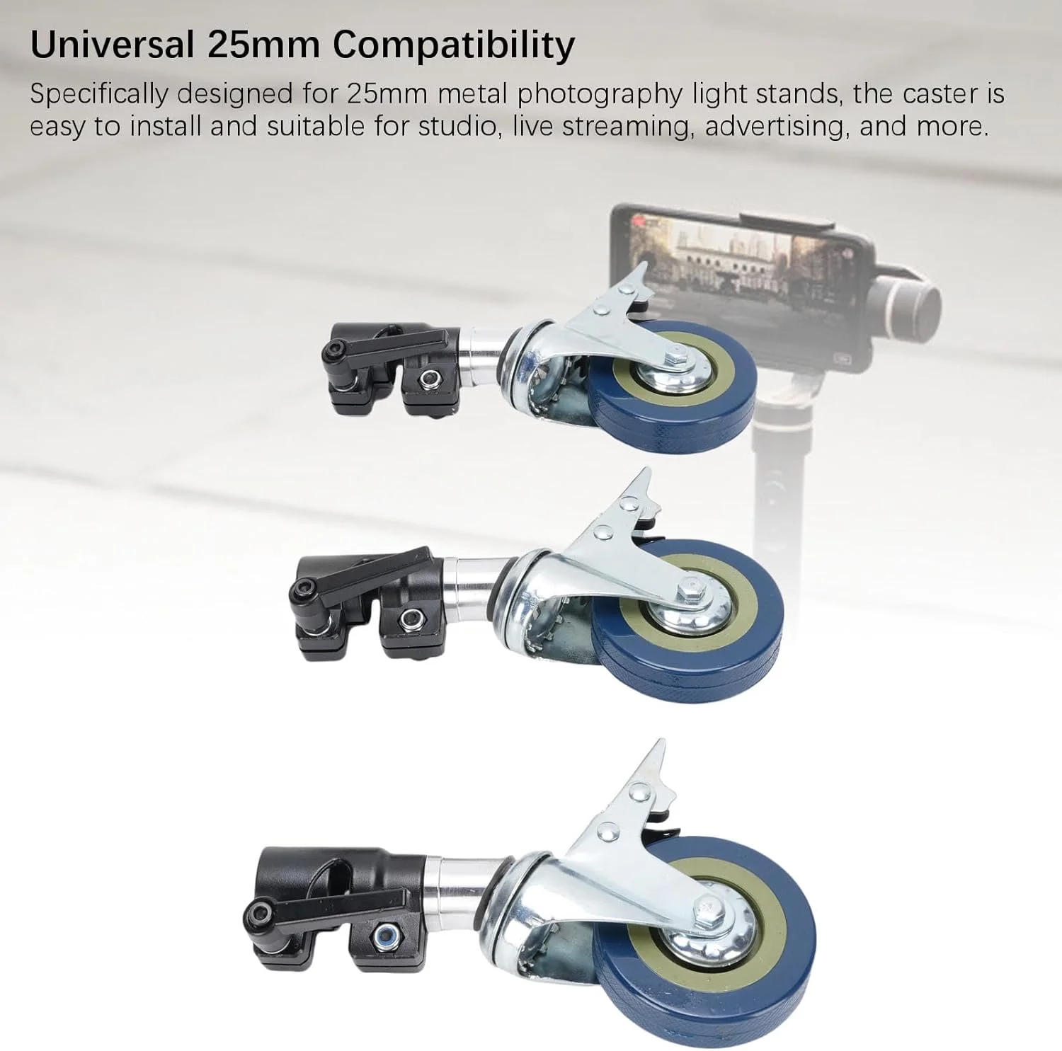 بسته 3 عددی چرخ های نور حرفه ای برای پایه های نور 25 میلی متری با قفل ترمز، چرخش 360 درجه و حرکت بی صدا، ظرفیت بار بالا برای عکاسی، استودیو، پخش زنده، استفاده ویدیویی